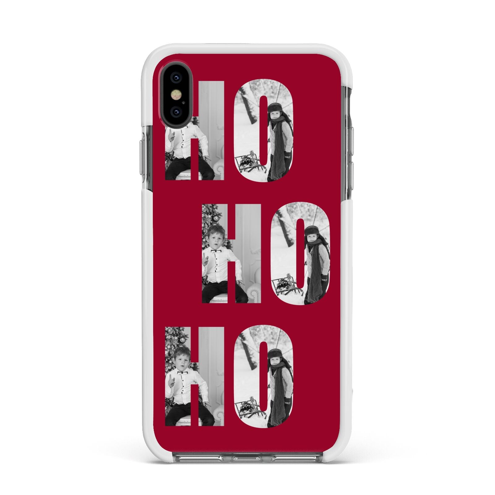 Red Ho Ho Ho Photo Upload Christmas Apple iPhone Xs Max Impact Case White Edge on Black Phone