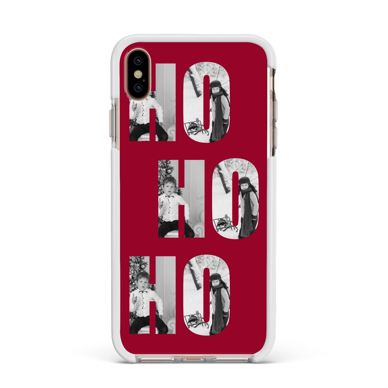 Red Ho Ho Ho Photo Upload Christmas Apple iPhone Xs Max Impact Case White Edge on Gold Phone