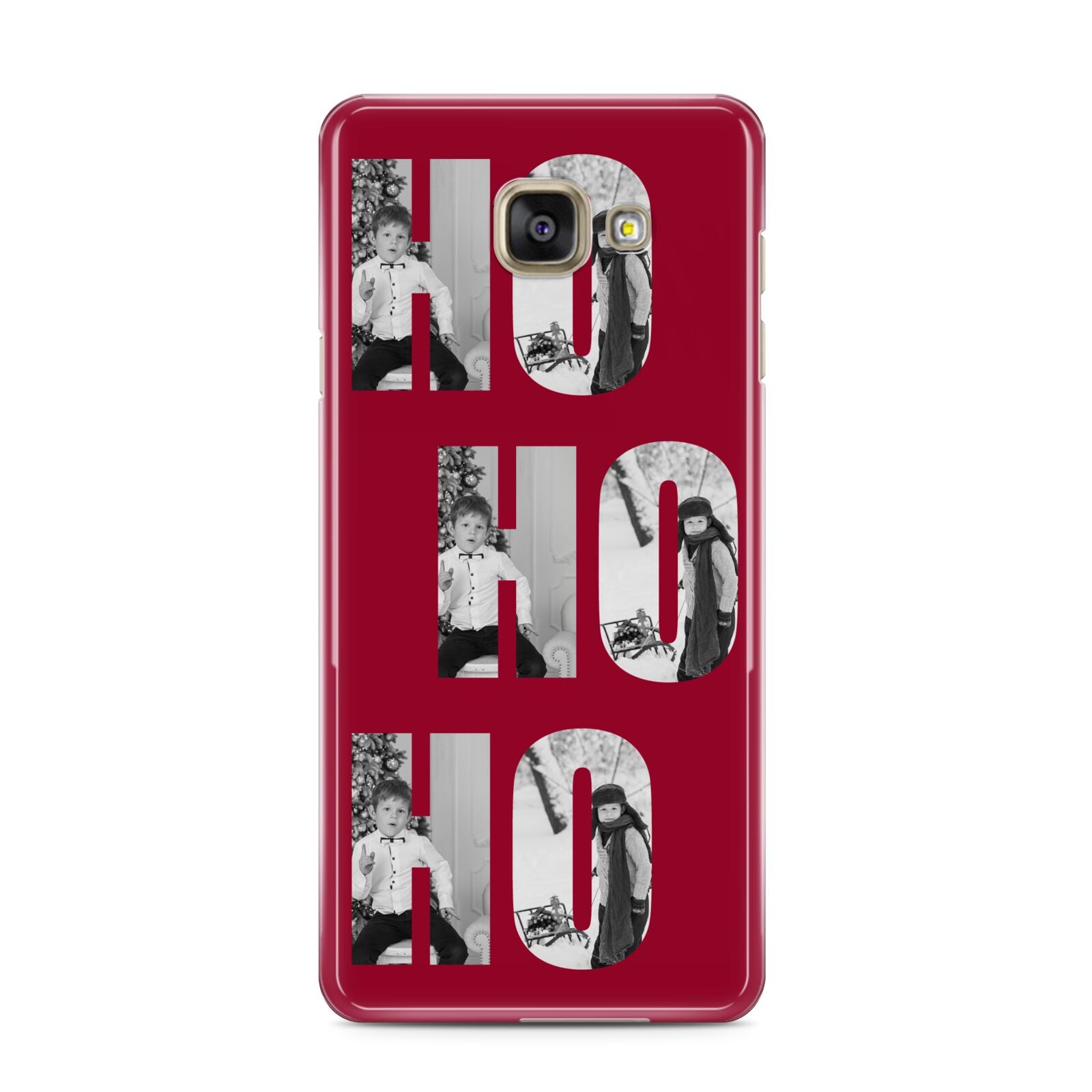 Red Ho Ho Ho Photo Upload Christmas Samsung Galaxy A3 2016 Case on gold phone