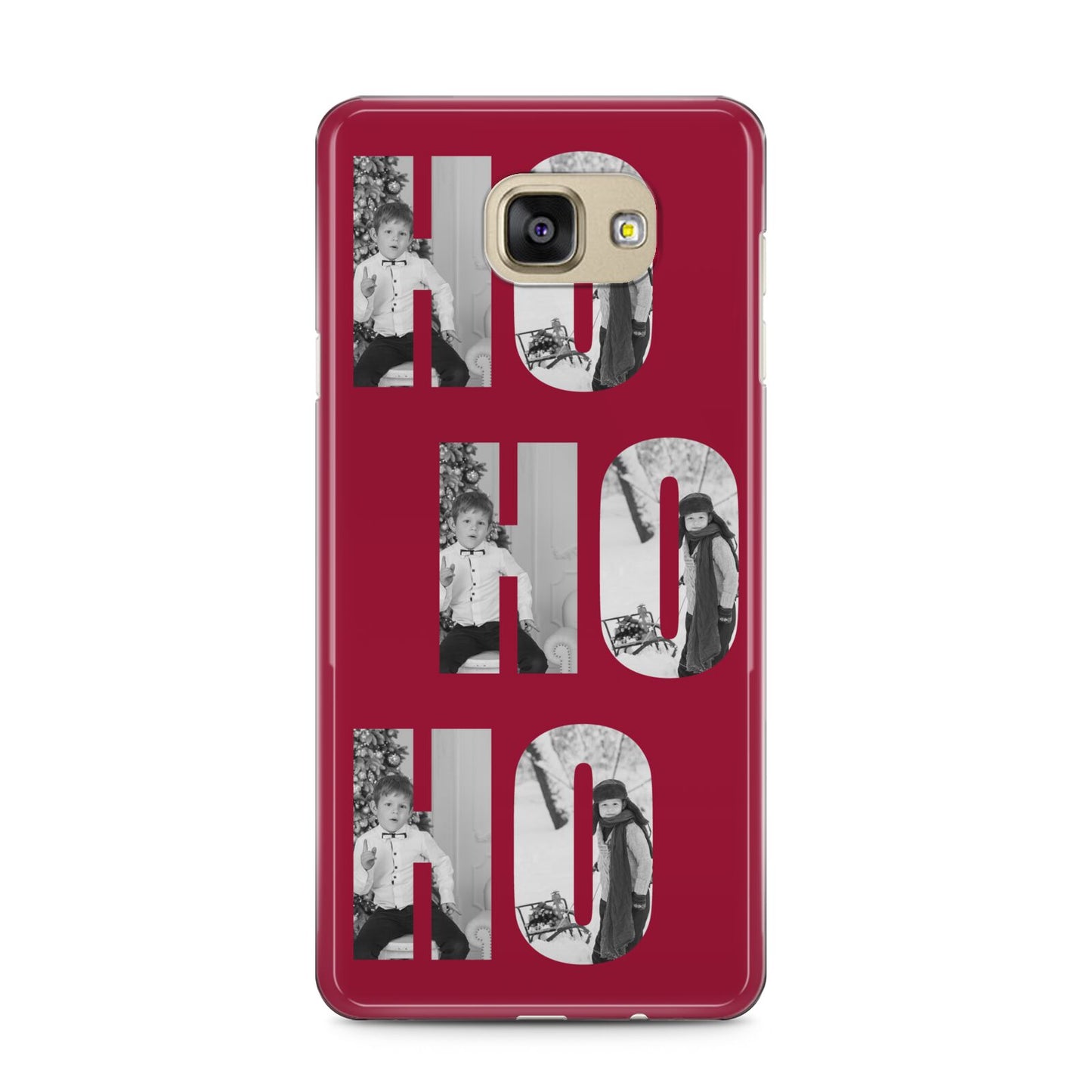 Red Ho Ho Ho Photo Upload Christmas Samsung Galaxy A5 2016 Case on gold phone