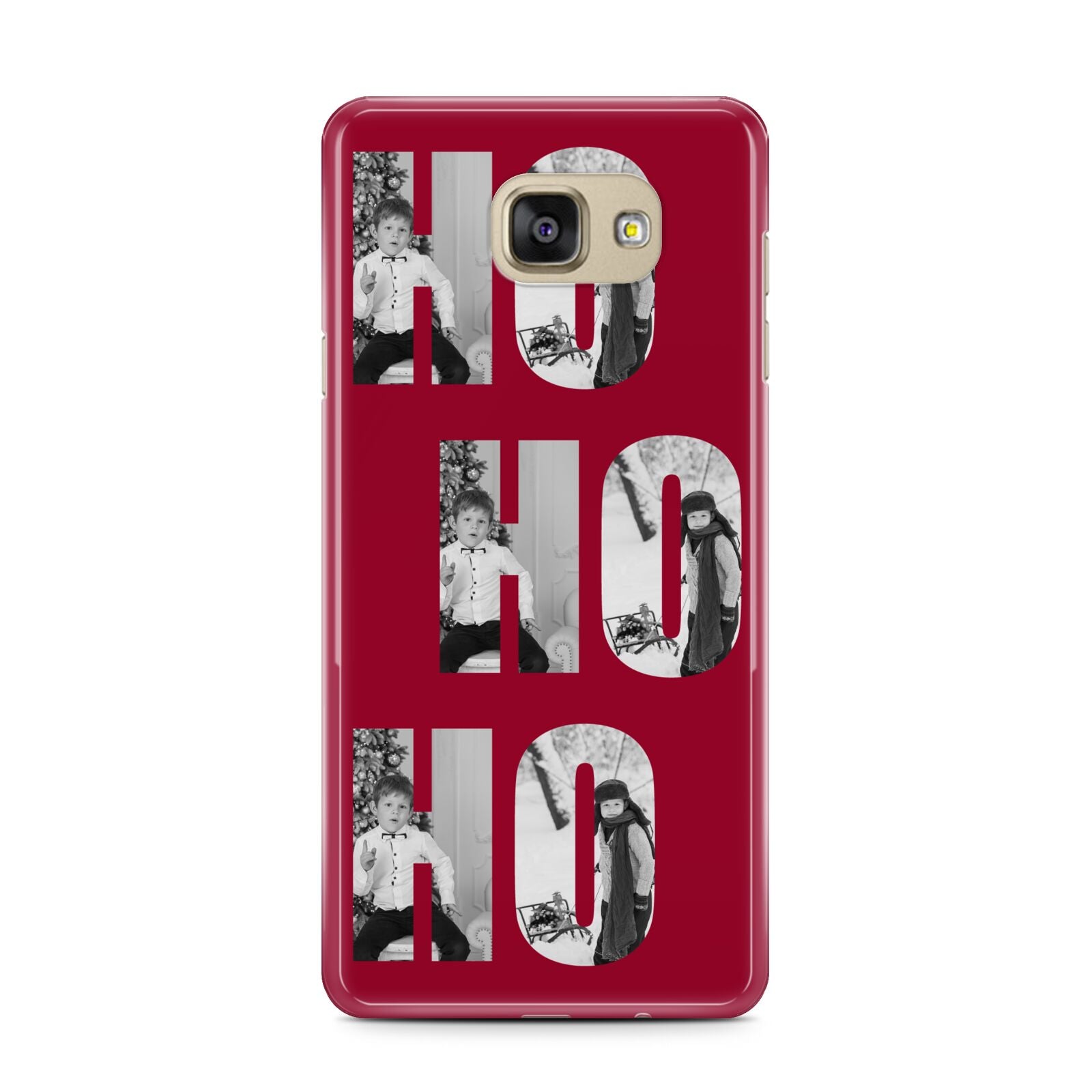 Red Ho Ho Ho Photo Upload Christmas Samsung Galaxy A7 2016 Case on gold phone