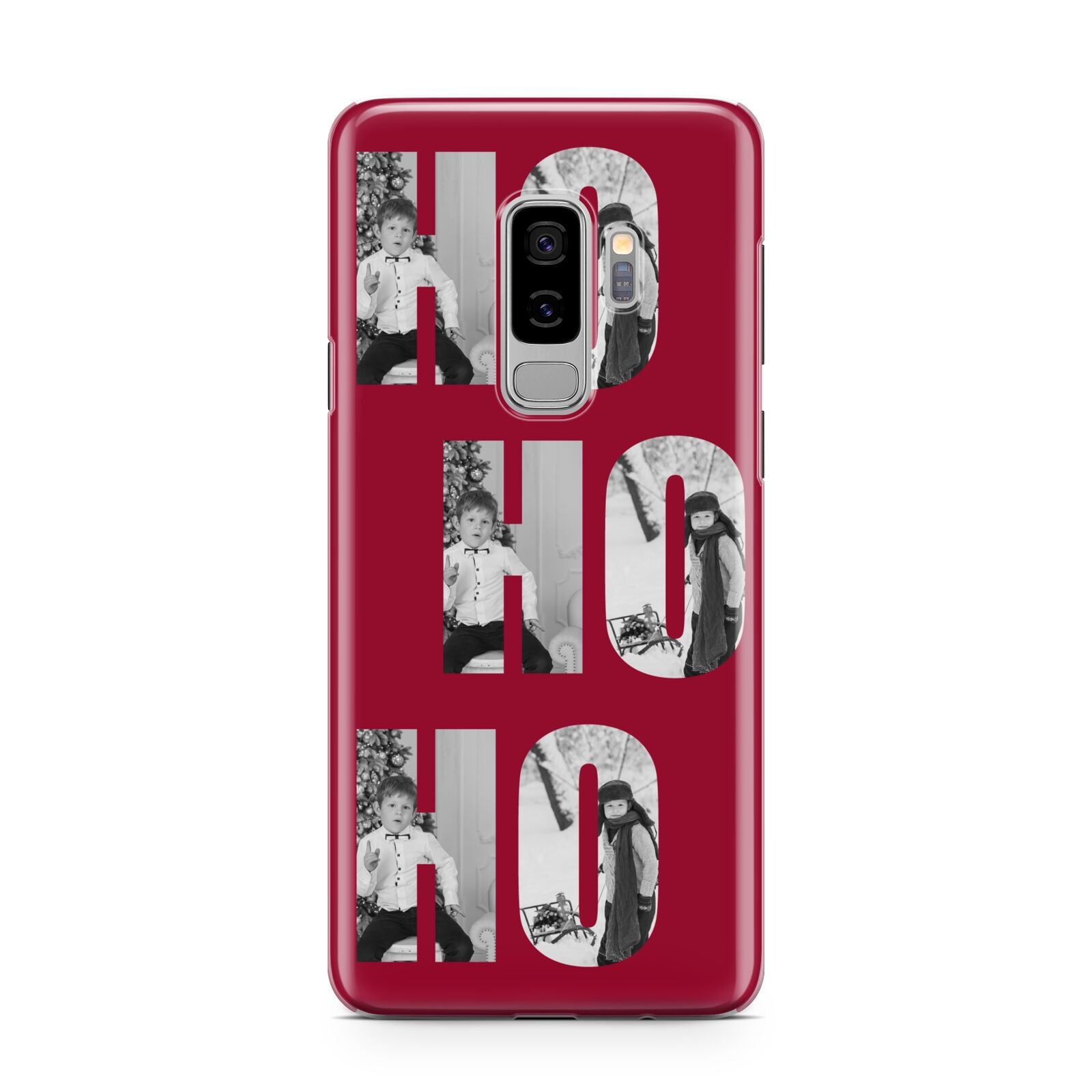 Red Ho Ho Ho Photo Upload Christmas Samsung Galaxy S9 Plus Case on Silver phone