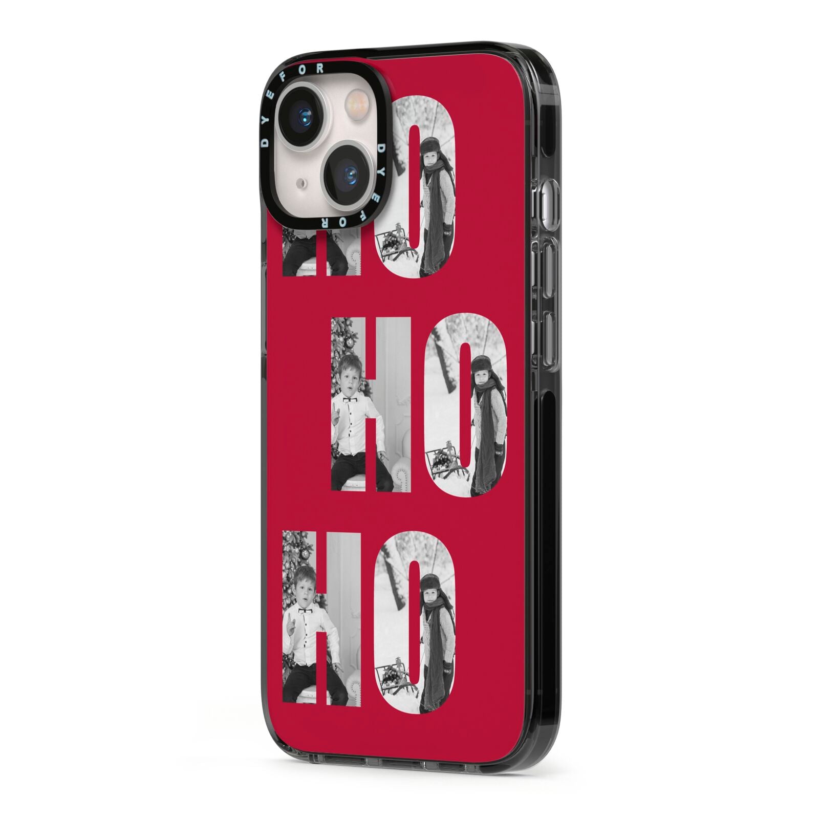 Red Ho Ho Ho Photo Upload Christmas iPhone 13 Black Impact Case Side Angle on Silver phone