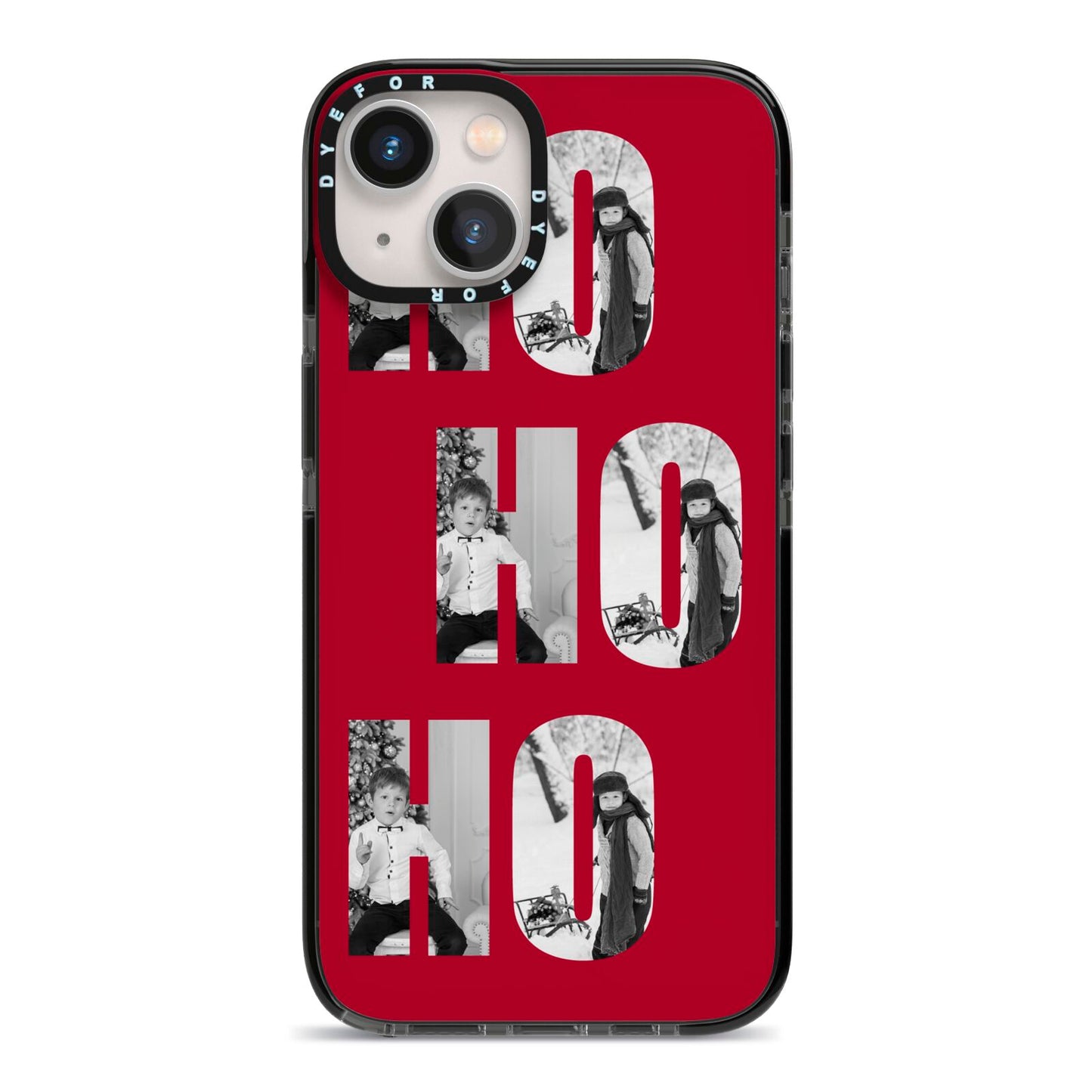 Red Ho Ho Ho Photo Upload Christmas iPhone 13 Black Impact Case on Silver phone