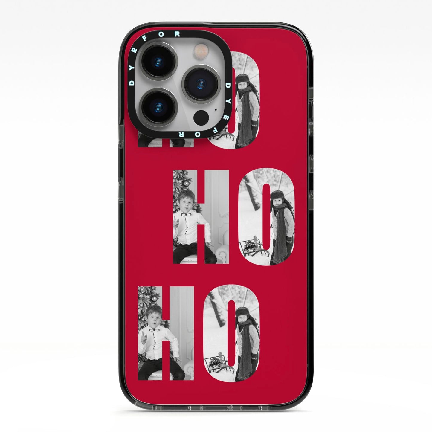 Red Ho Ho Ho Photo Upload Christmas iPhone 13 Pro Black Impact Case on Silver phone