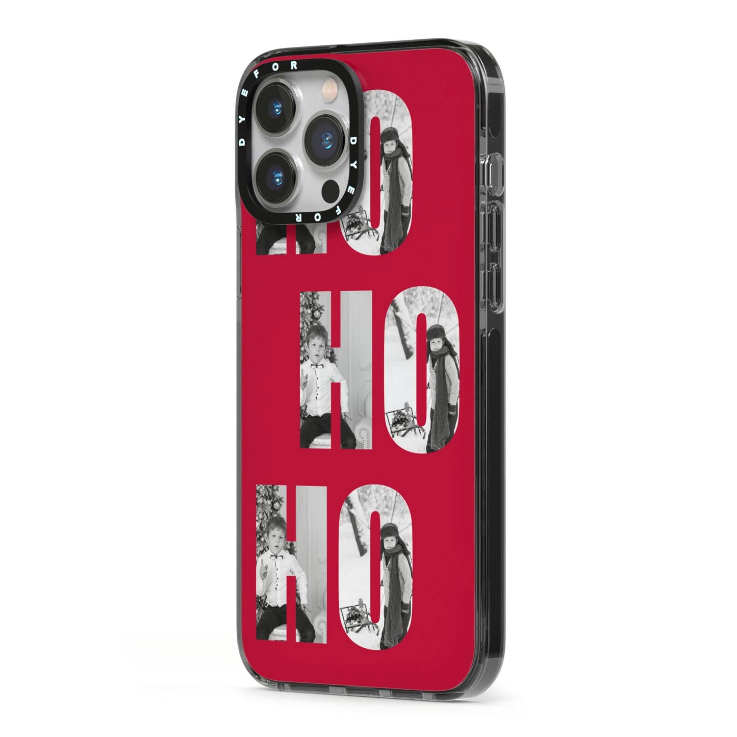 Red Ho Ho Ho Photo Upload Christmas iPhone 13 Pro Max Black Impact Case Side Angle on Silver phone