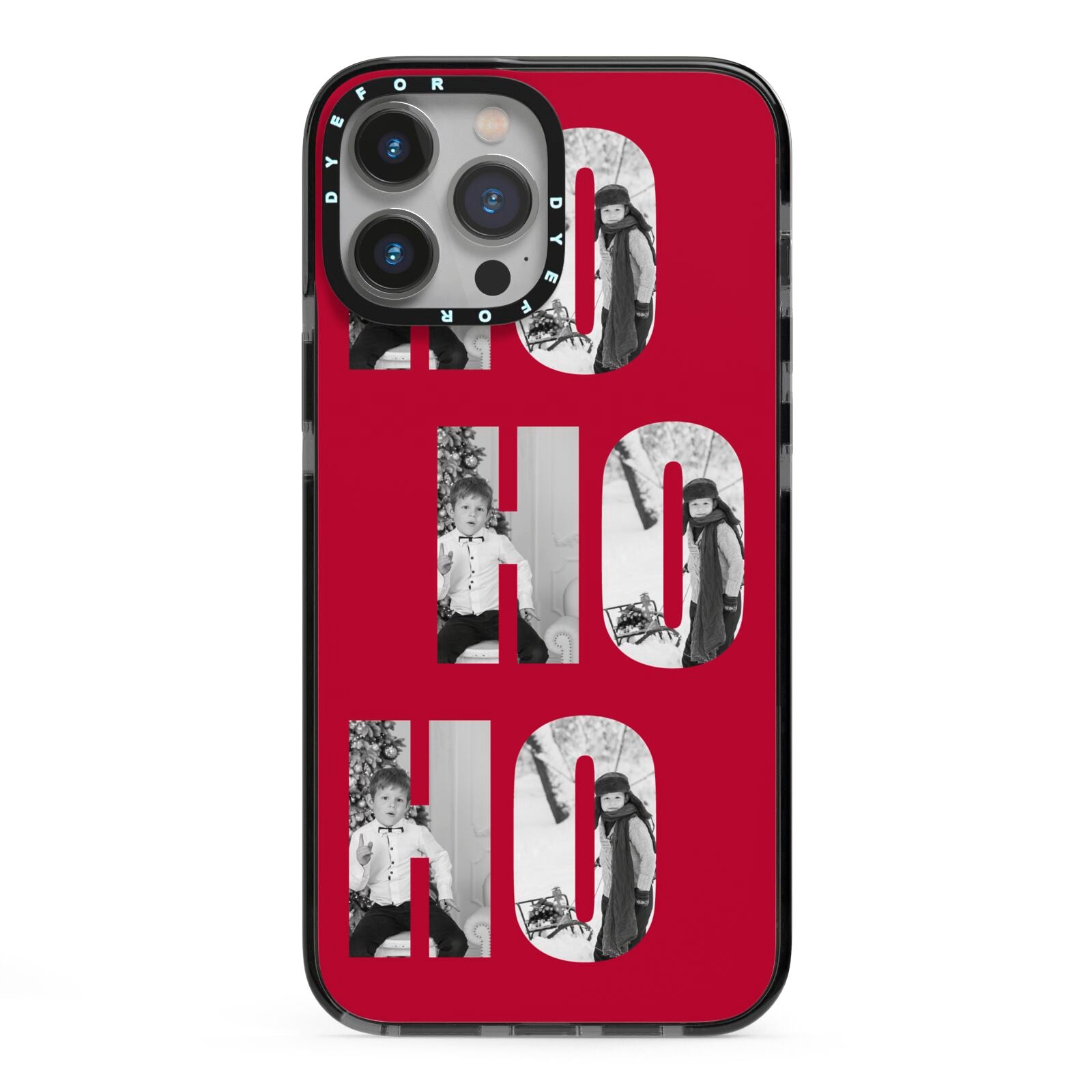 Red Ho Ho Ho Photo Upload Christmas iPhone 13 Pro Max Black Impact Case on Silver phone