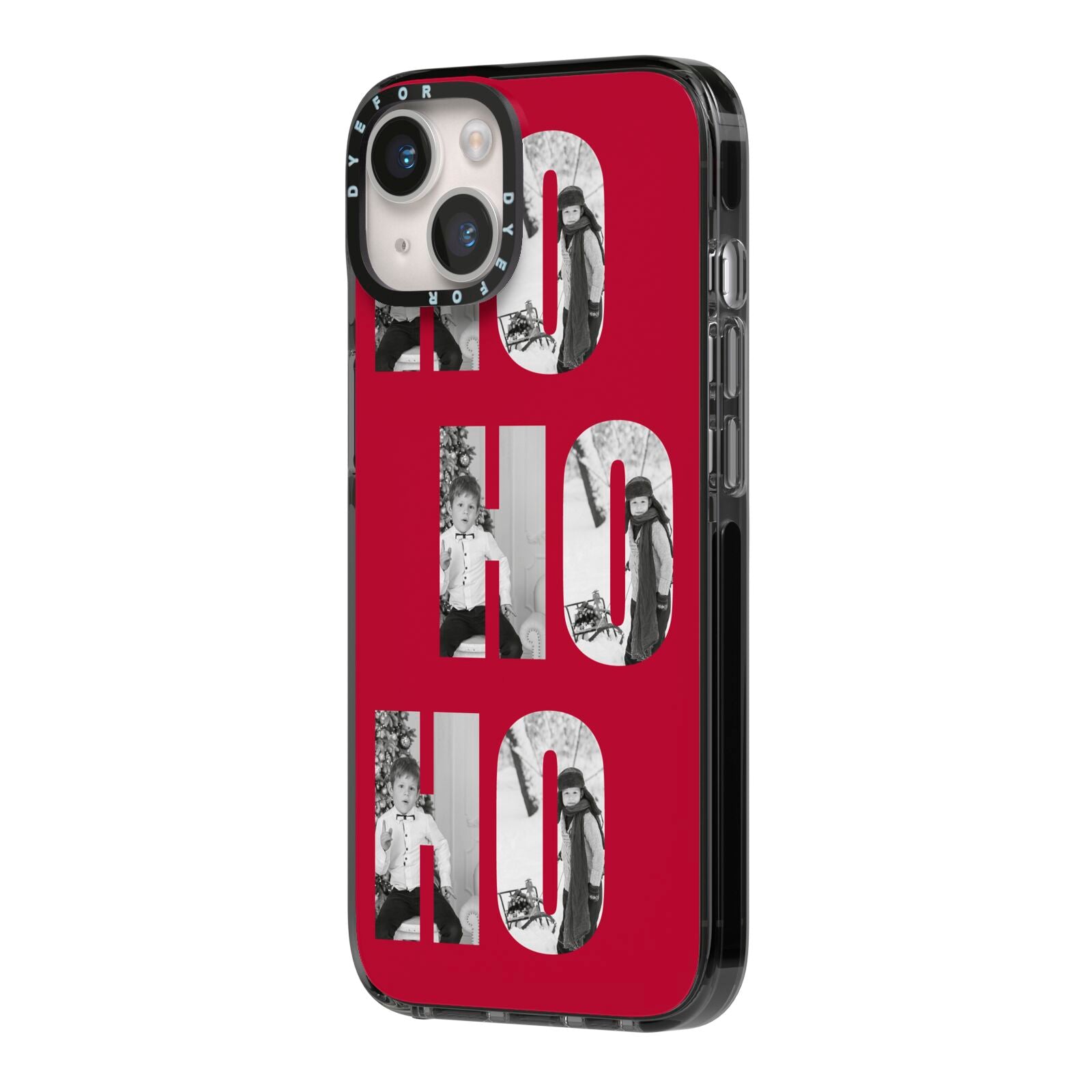 Red Ho Ho Ho Photo Upload Christmas iPhone 14 Black Impact Case Side Angle on Silver phone