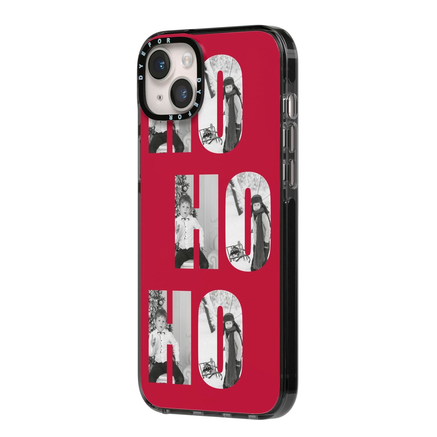 Red Ho Ho Ho Photo Upload Christmas iPhone 14 Plus Black Impact Case Side Angle on Silver phone