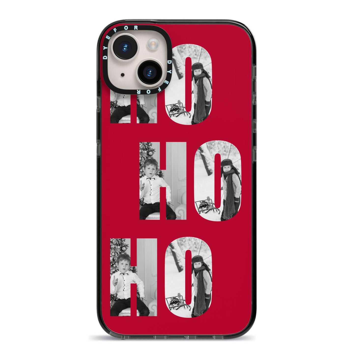 Red Ho Ho Ho Photo Upload Christmas iPhone 14 Plus Black Impact Case on Silver phone