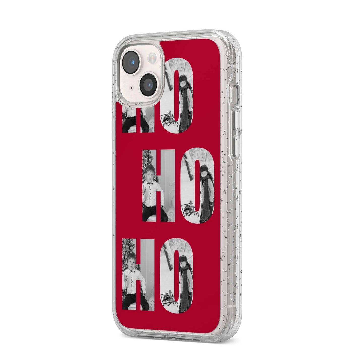 Red Ho Ho Ho Photo Upload Christmas iPhone 14 Plus Glitter Tough Case Starlight Angled Image