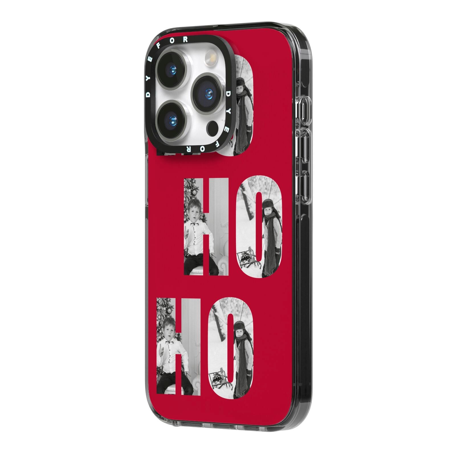 Red Ho Ho Ho Photo Upload Christmas iPhone 14 Pro Black Impact Case Side Angle on Silver phone