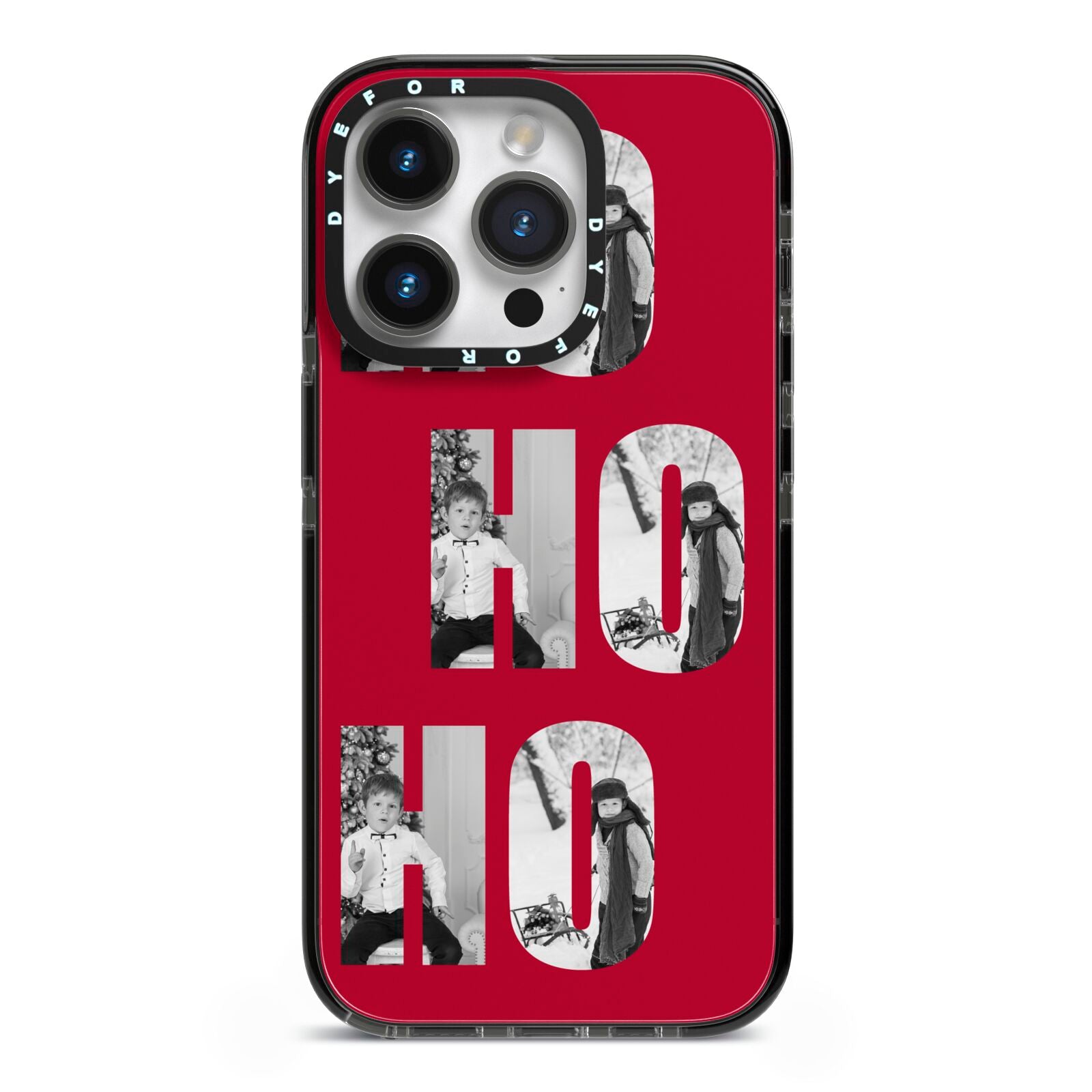 Red Ho Ho Ho Photo Upload Christmas iPhone 14 Pro Black Impact Case on Silver phone