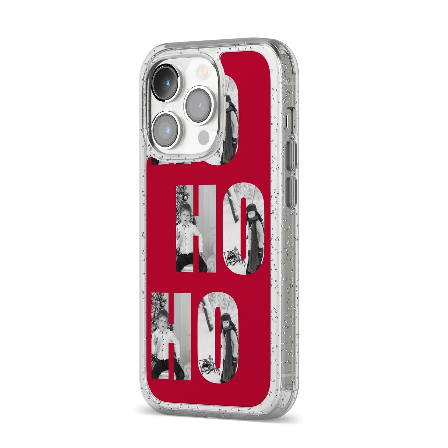 Red Ho Ho Ho Photo Upload Christmas iPhone 14 Pro Glitter Tough Case Silver Angled Image