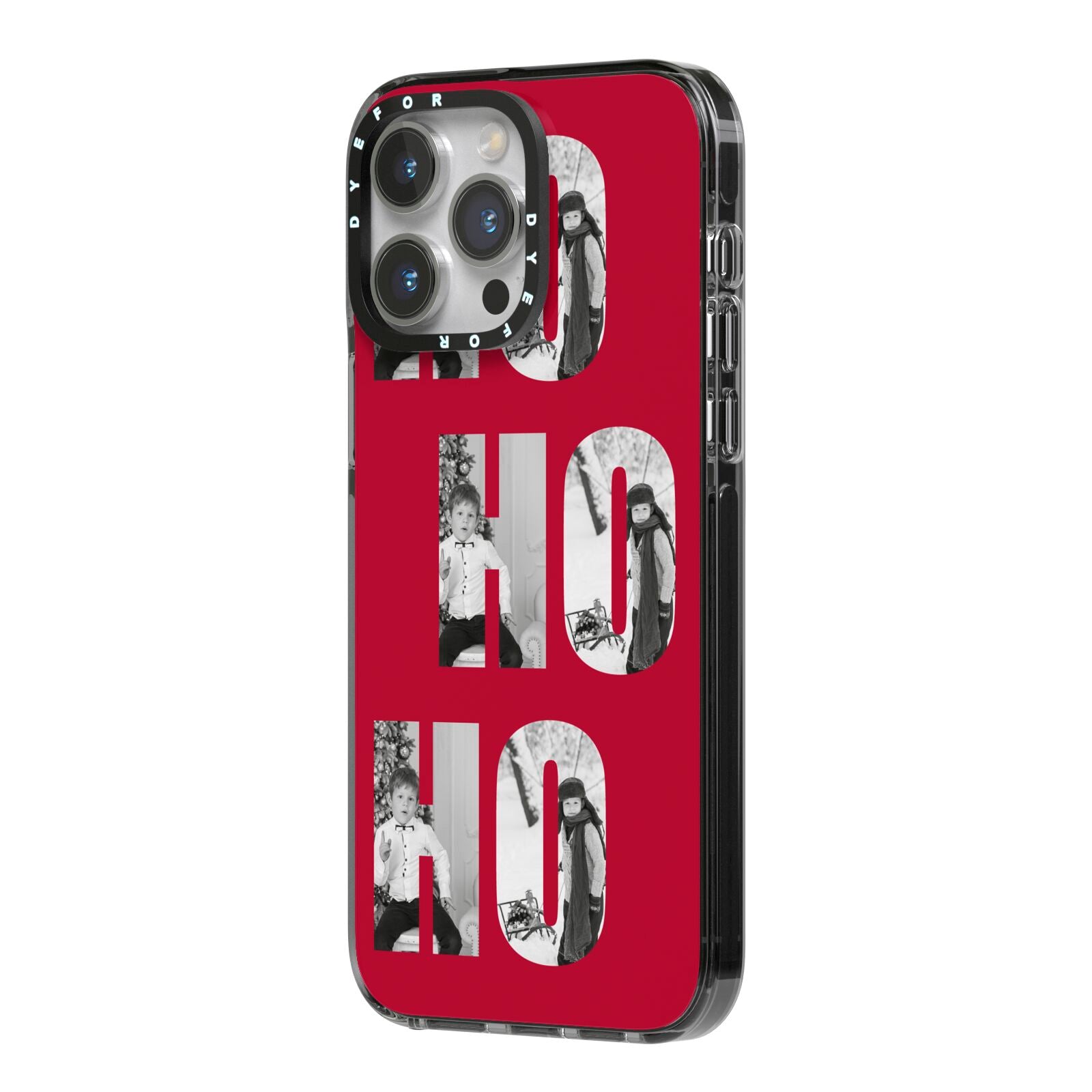 Red Ho Ho Ho Photo Upload Christmas iPhone 14 Pro Max Black Impact Case Side Angle on Silver phone