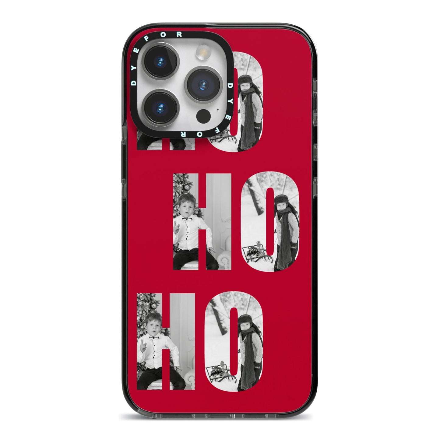 Red Ho Ho Ho Photo Upload Christmas iPhone 14 Pro Max Black Impact Case on Silver phone