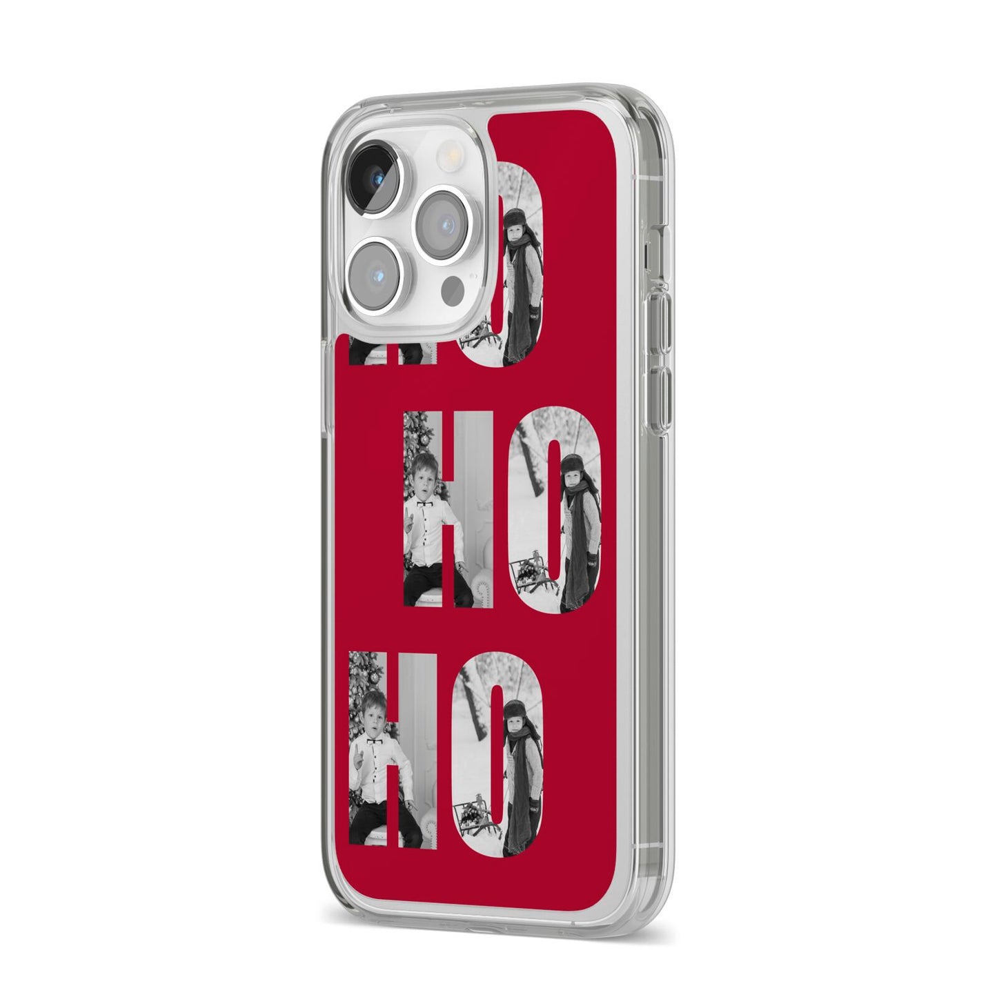 Red Ho Ho Ho Photo Upload Christmas iPhone 14 Pro Max Clear Tough Case Silver Angled Image