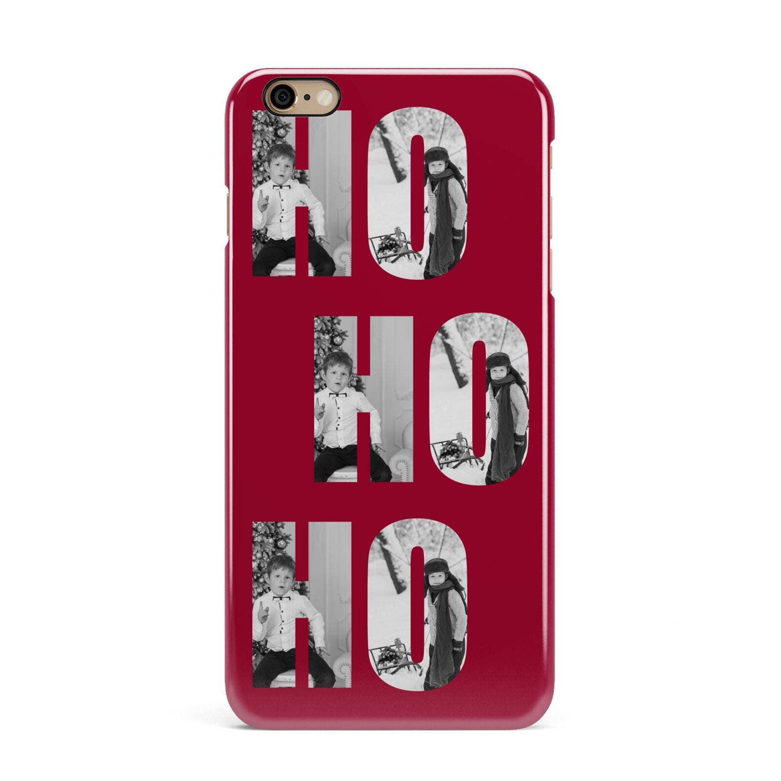 Red Ho Ho Ho Photo Upload Christmas iPhone 6 Plus 3D Snap Case on Gold Phone