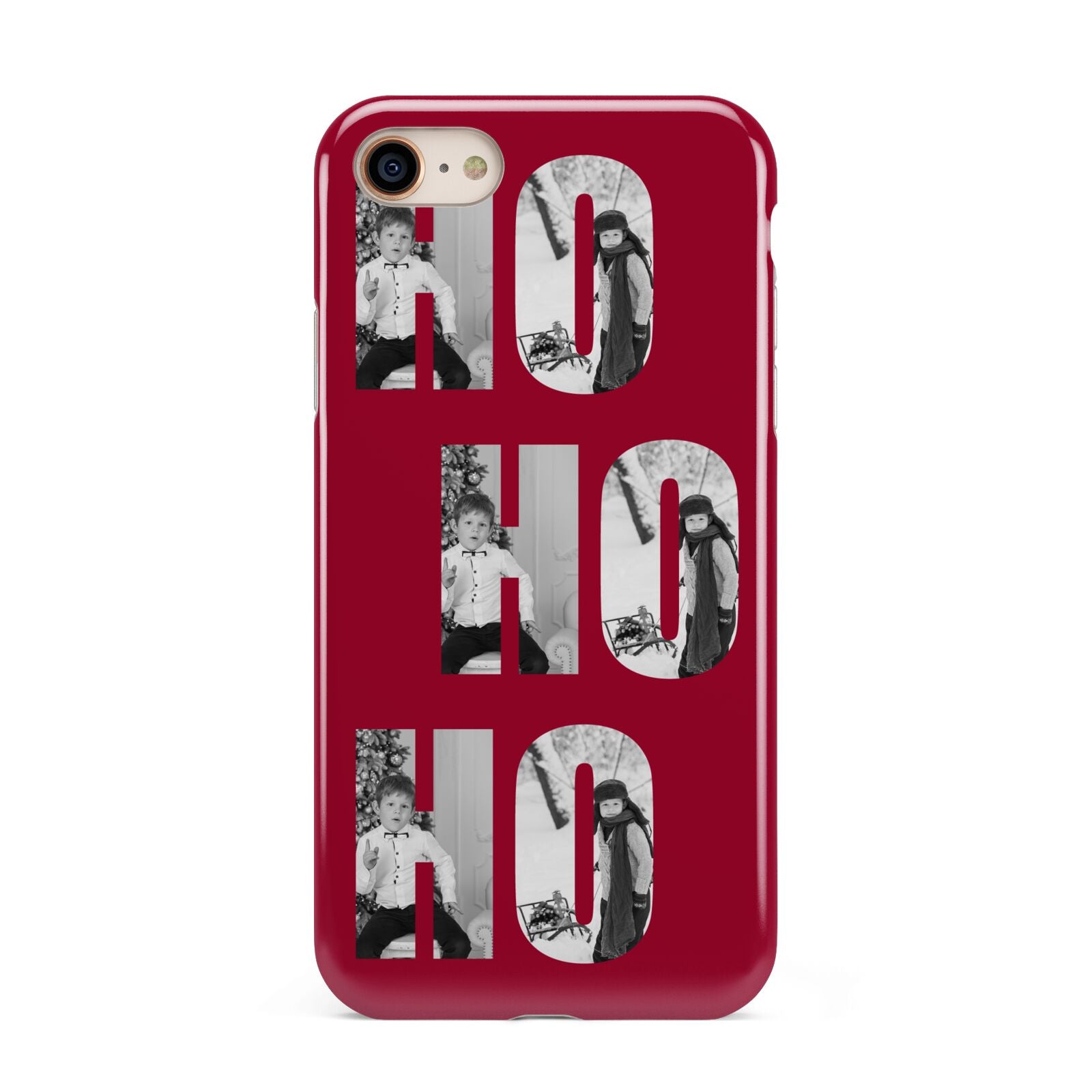 Red Ho Ho Ho Photo Upload Christmas iPhone 8 3D Tough Case on Gold Phone