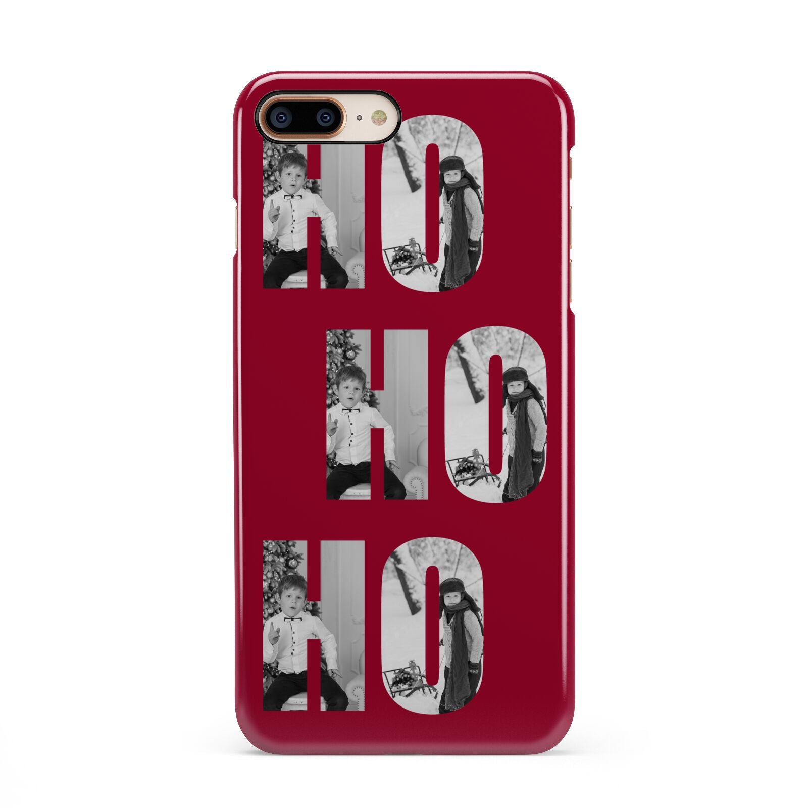 Red Ho Ho Ho Photo Upload Christmas iPhone 8 Plus 3D Snap Case on Gold Phone
