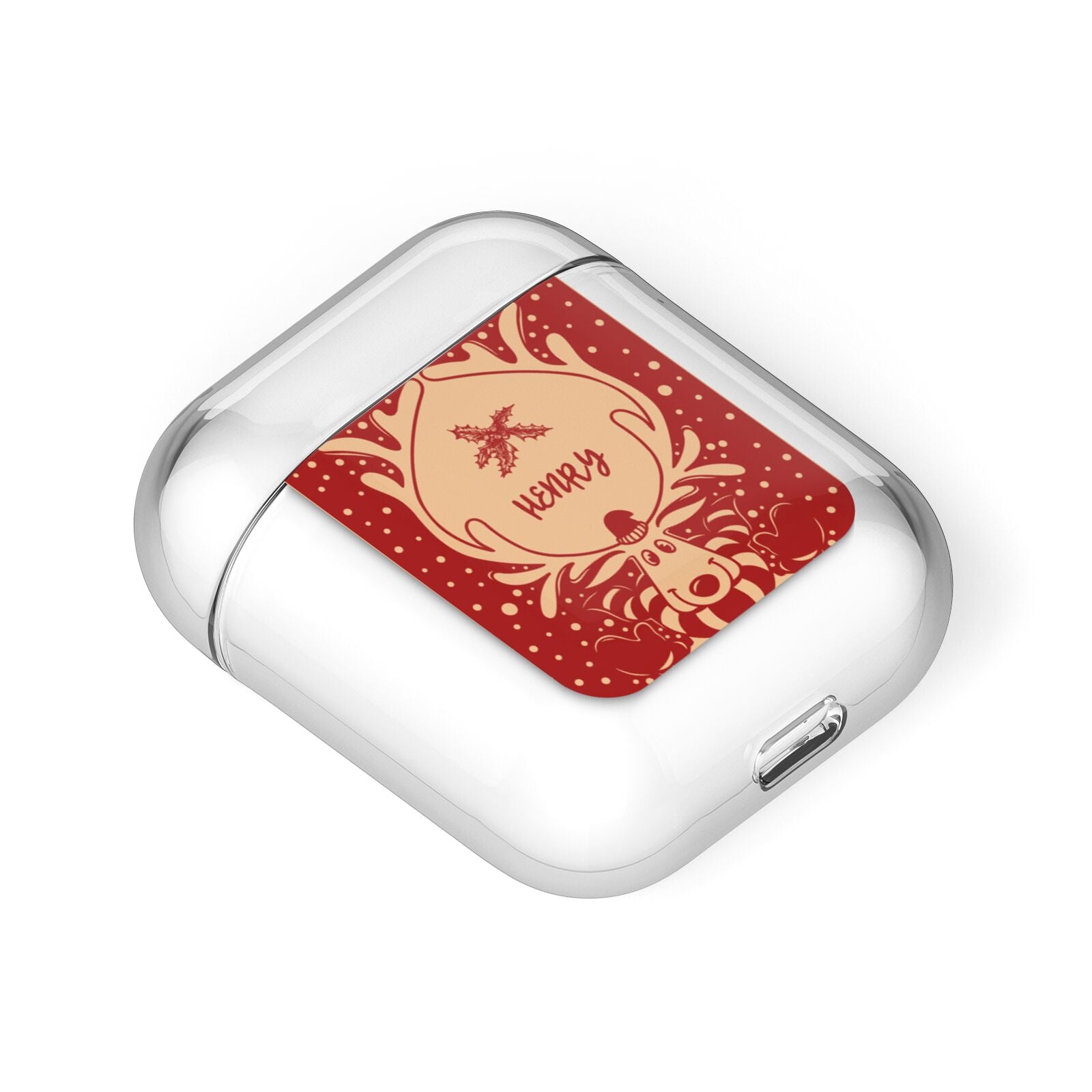 Red Personalised Rudolph AirPods Case Laid Flat