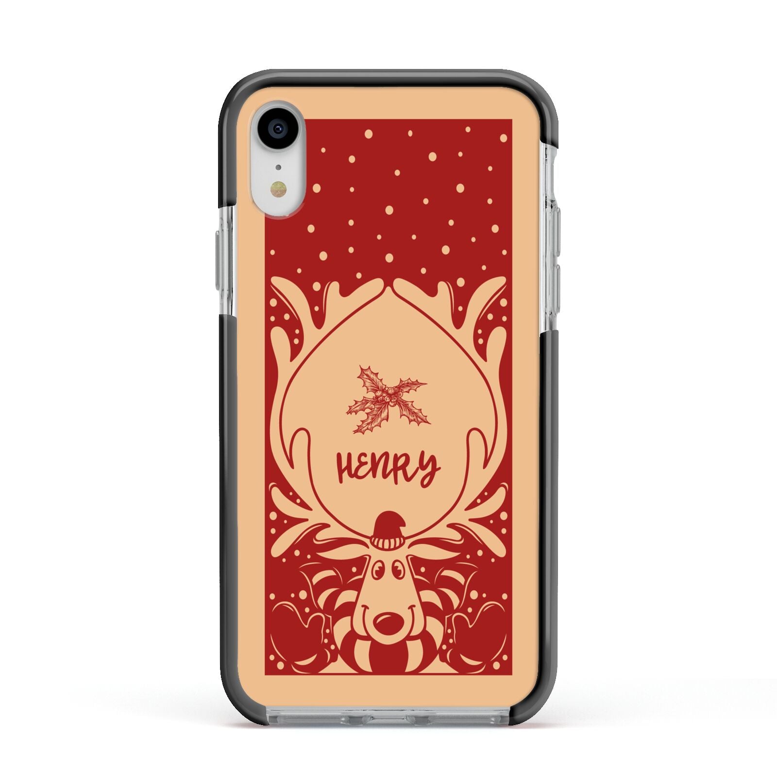 Red Personalised Rudolph Apple iPhone XR Impact Case Black Edge on Silver Phone