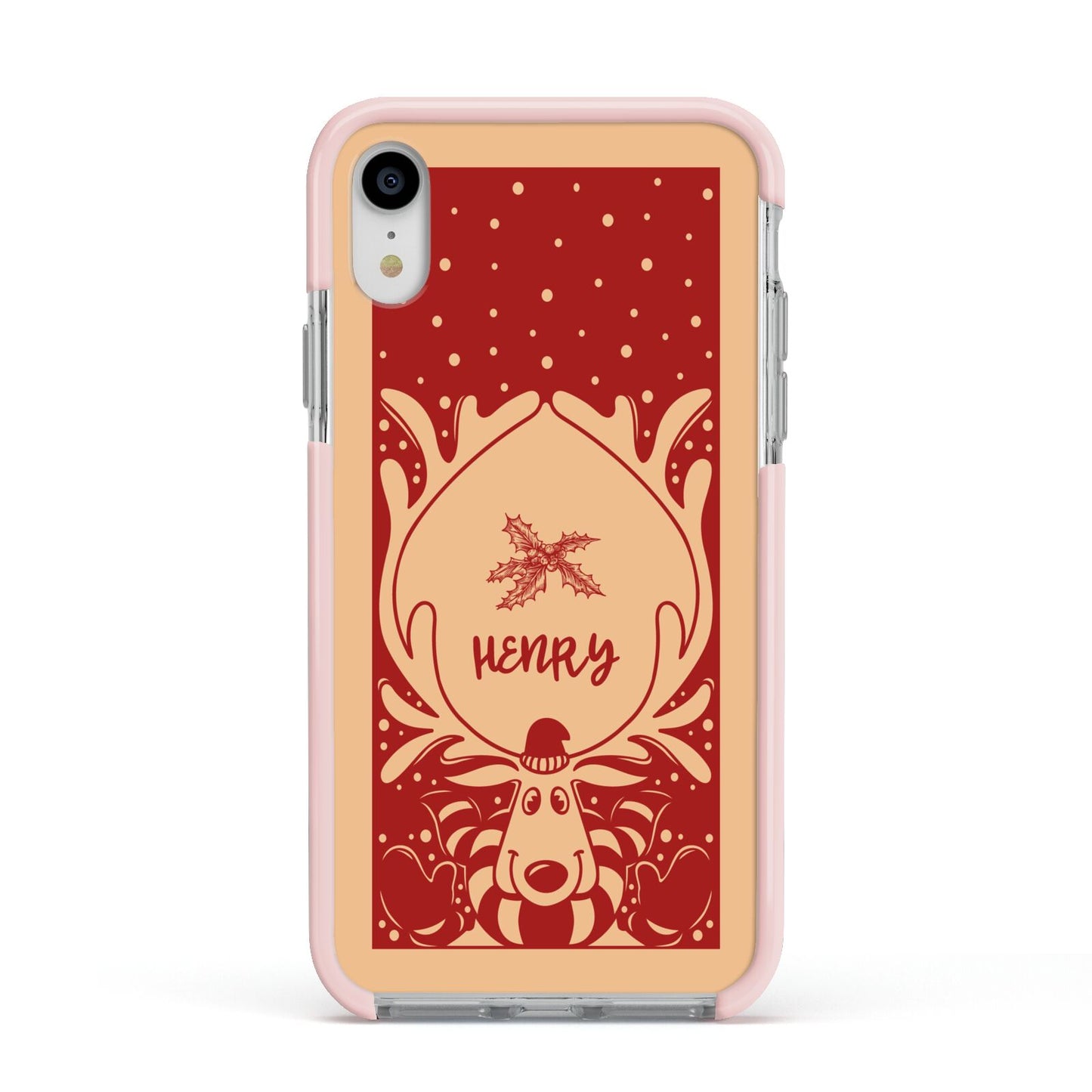 Red Personalised Rudolph Apple iPhone XR Impact Case Pink Edge on Silver Phone