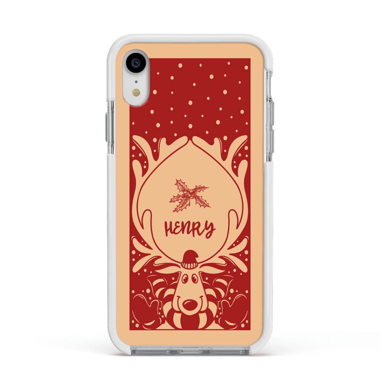 Red Personalised Rudolph Apple iPhone XR Impact Case White Edge on Silver Phone