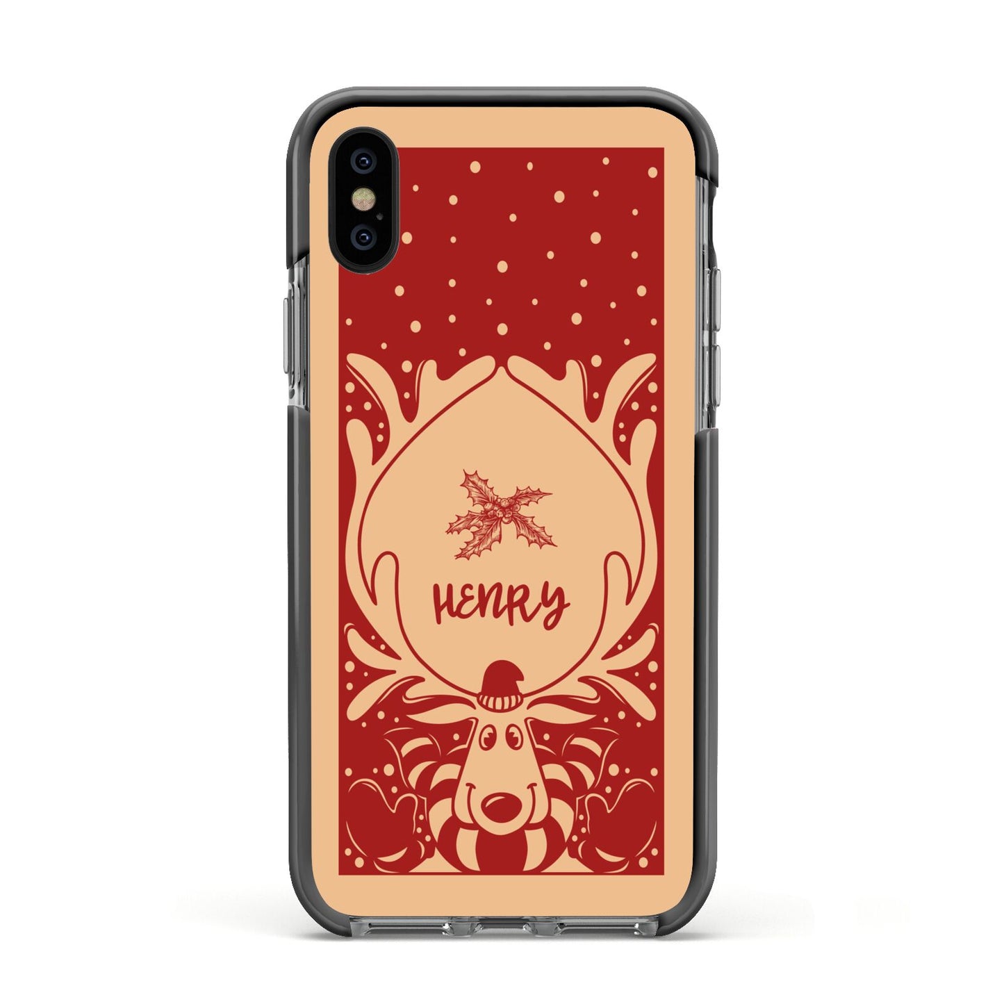 Red Personalised Rudolph Apple iPhone Xs Impact Case Black Edge on Black Phone