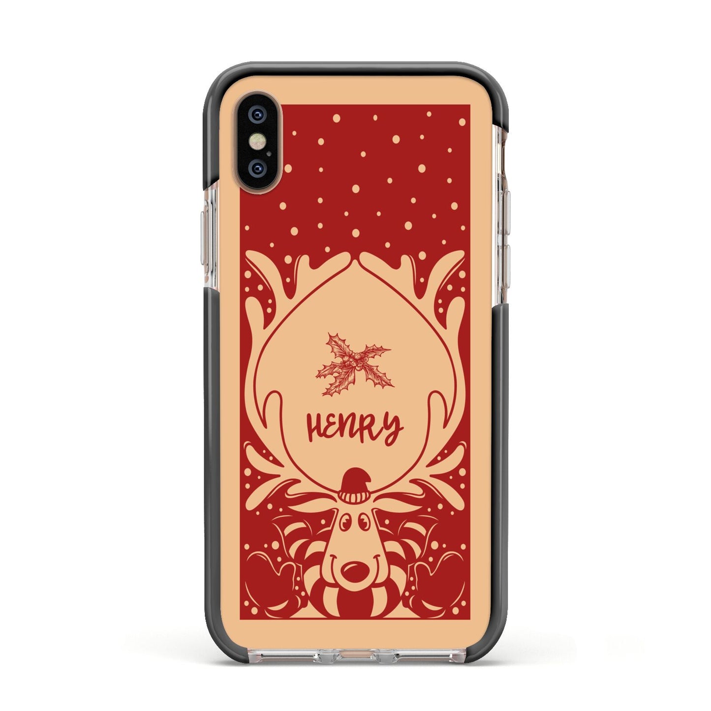 Red Personalised Rudolph Apple iPhone Xs Impact Case Black Edge on Gold Phone