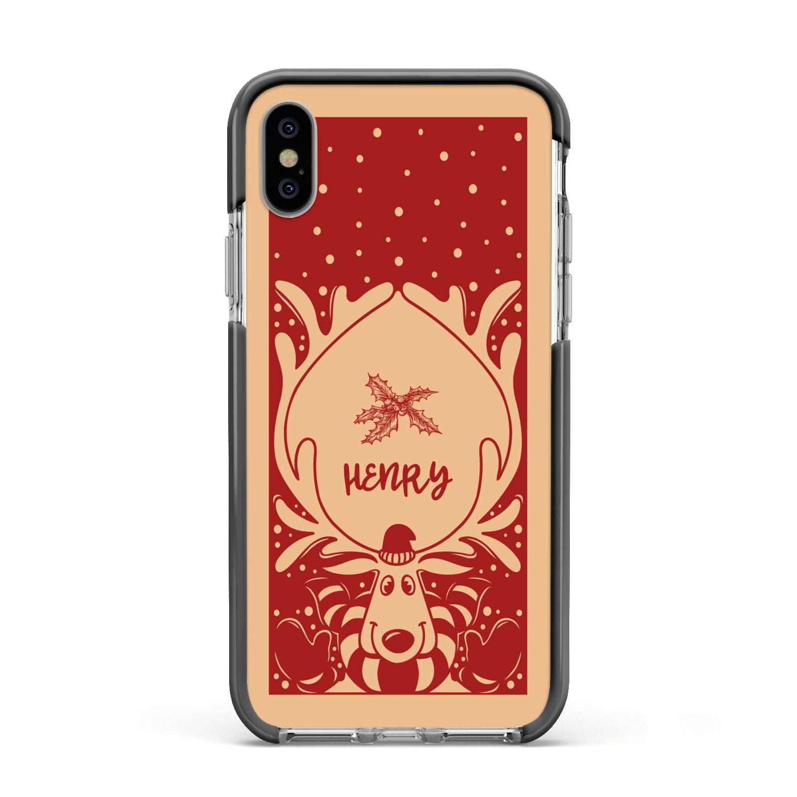 Red Personalised Rudolph Apple iPhone Xs Impact Case Black Edge on Silver Phone