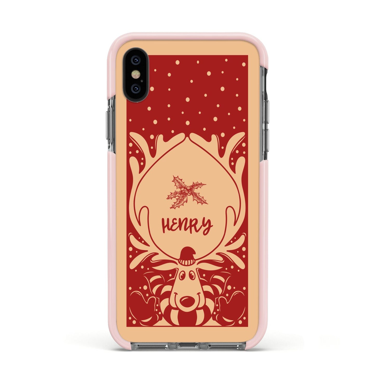 Red Personalised Rudolph Apple iPhone Xs Impact Case Pink Edge on Black Phone