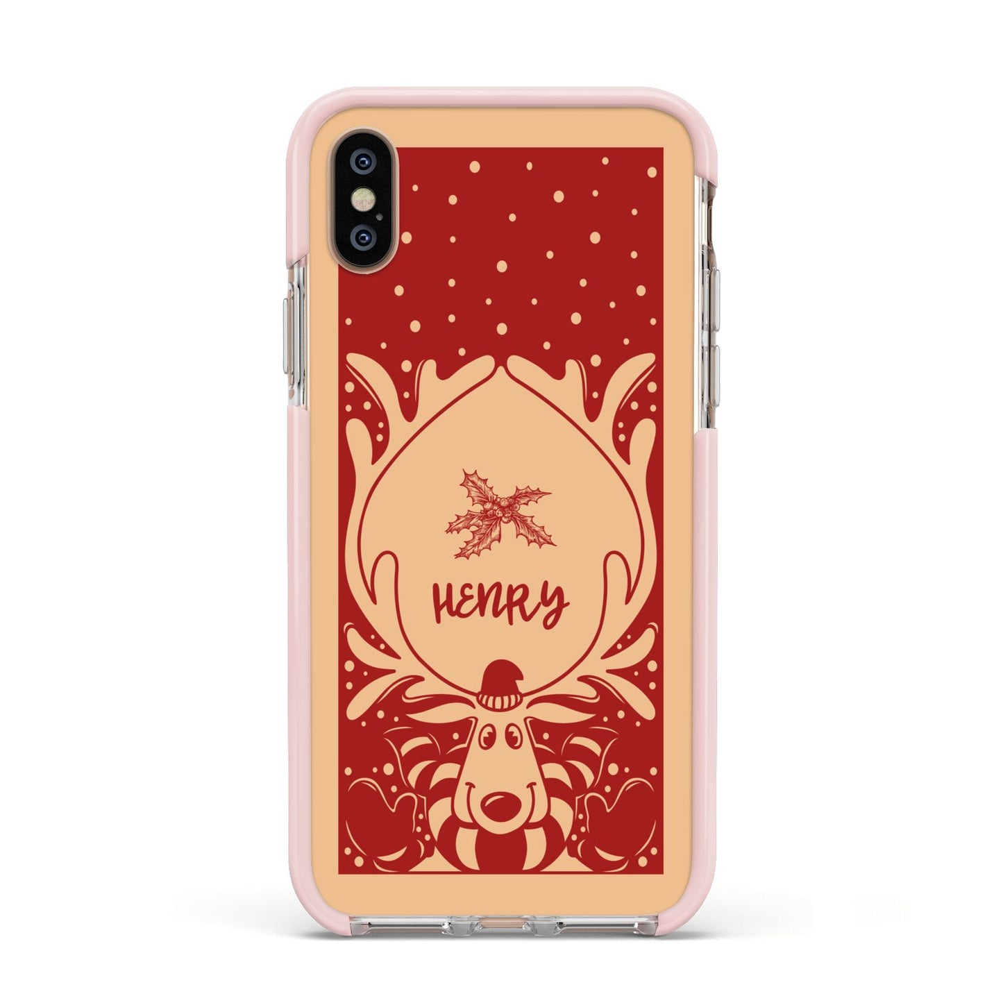 Red Personalised Rudolph Apple iPhone Xs Impact Case Pink Edge on Gold Phone