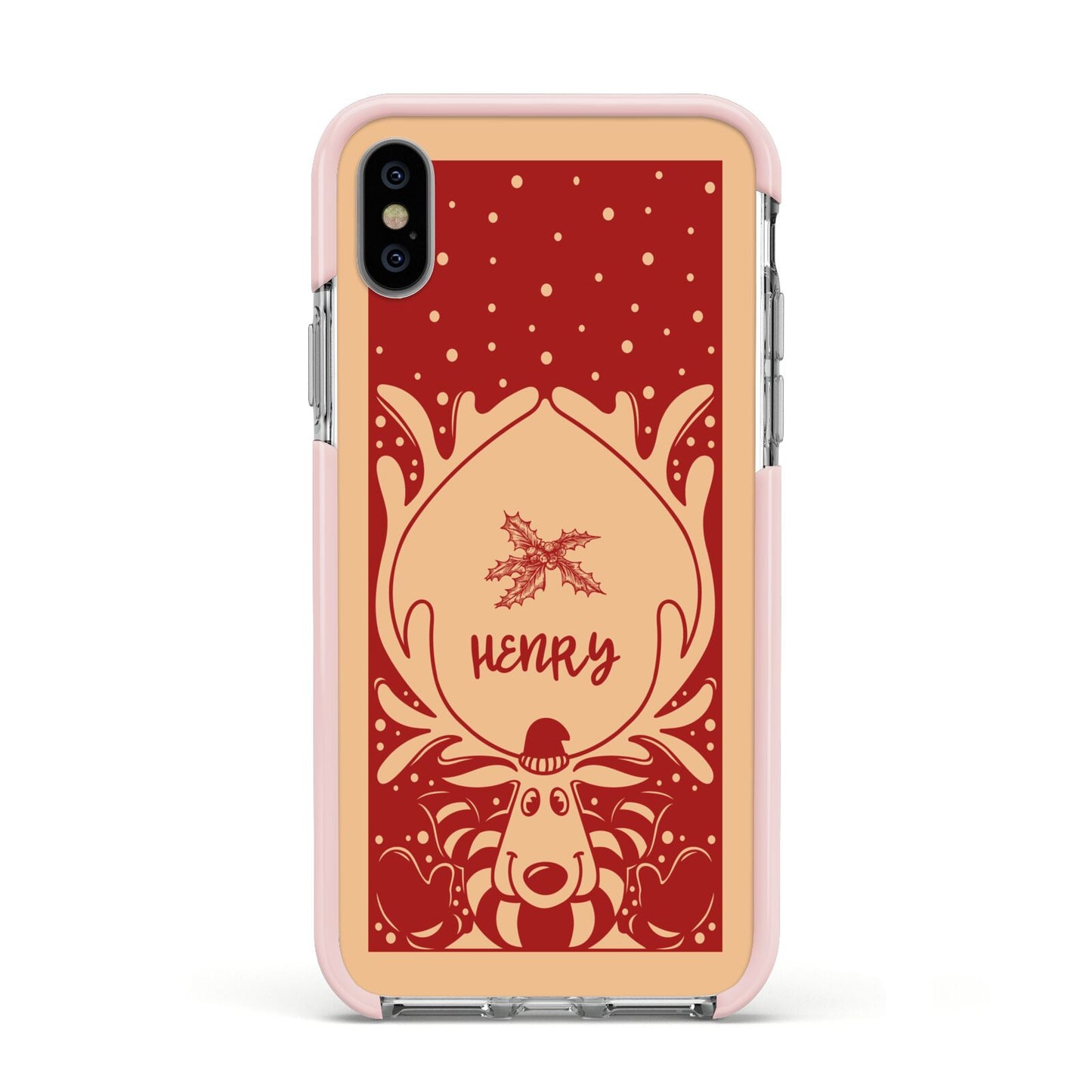 Red Personalised Rudolph Apple iPhone Xs Impact Case Pink Edge on Silver Phone