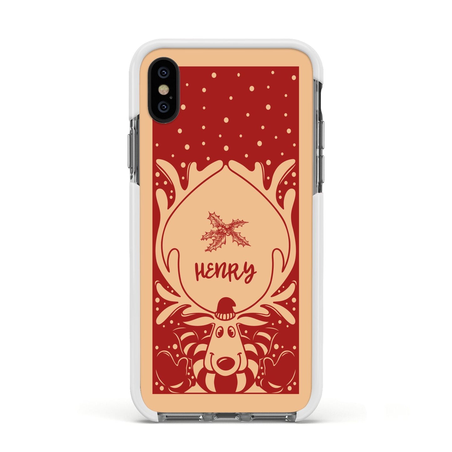 Red Personalised Rudolph Apple iPhone Xs Impact Case White Edge on Black Phone