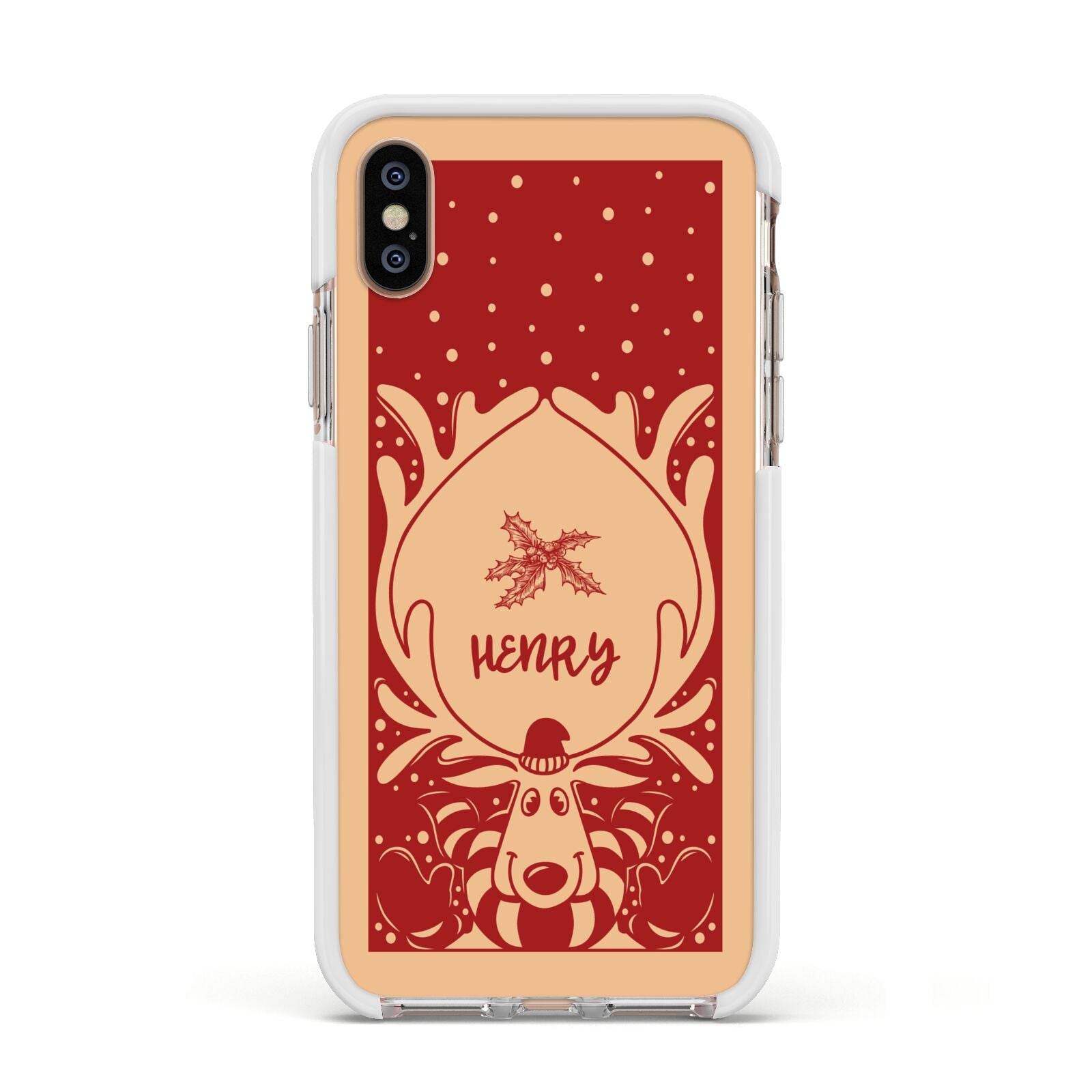 Red Personalised Rudolph Apple iPhone Xs Impact Case White Edge on Gold Phone