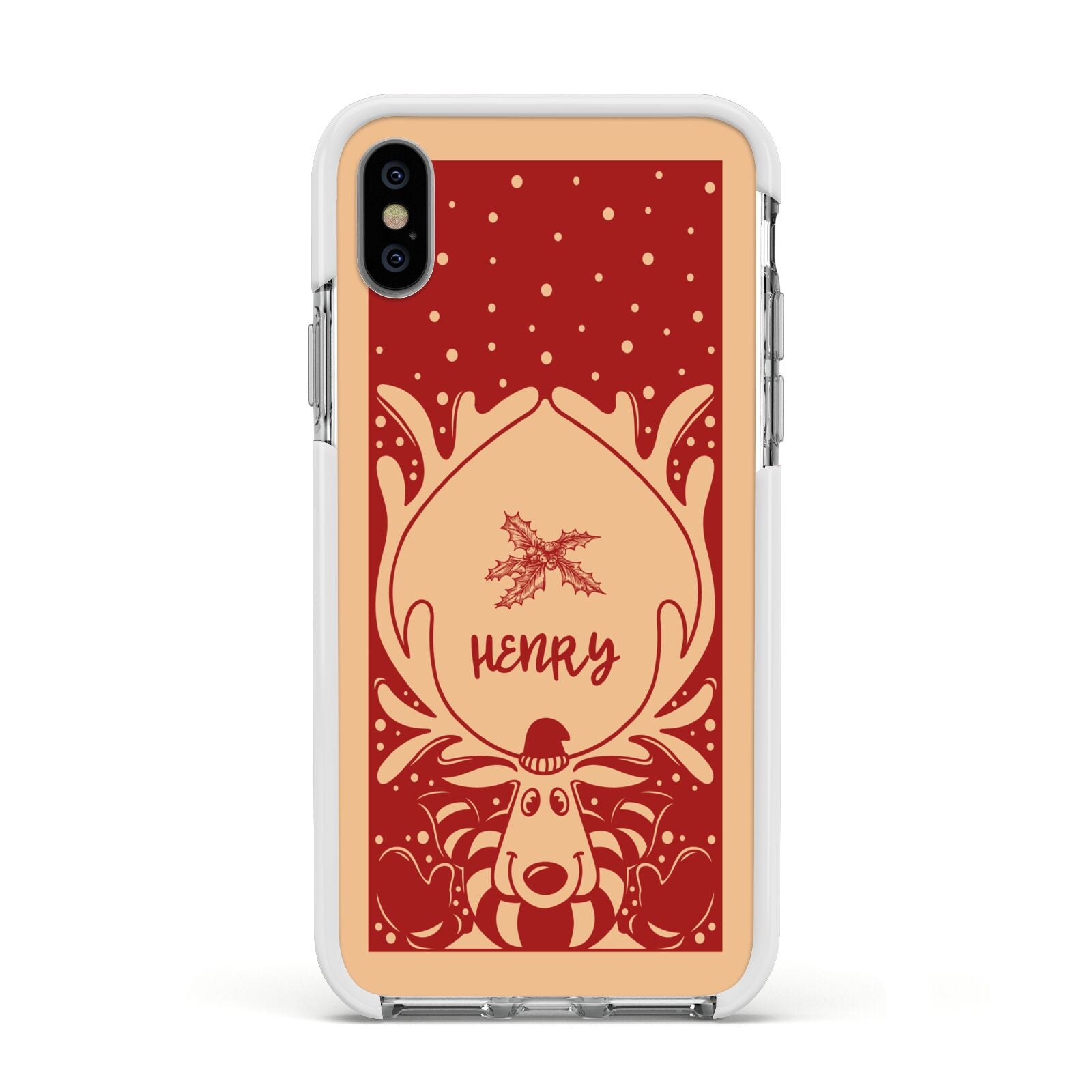 Red Personalised Rudolph Apple iPhone Xs Impact Case White Edge on Silver Phone