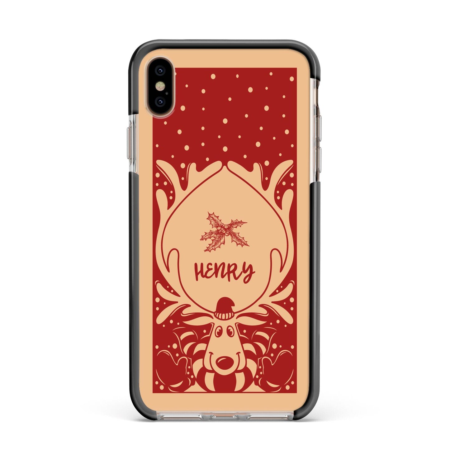 Red Personalised Rudolph Apple iPhone Xs Max Impact Case Black Edge on Gold Phone