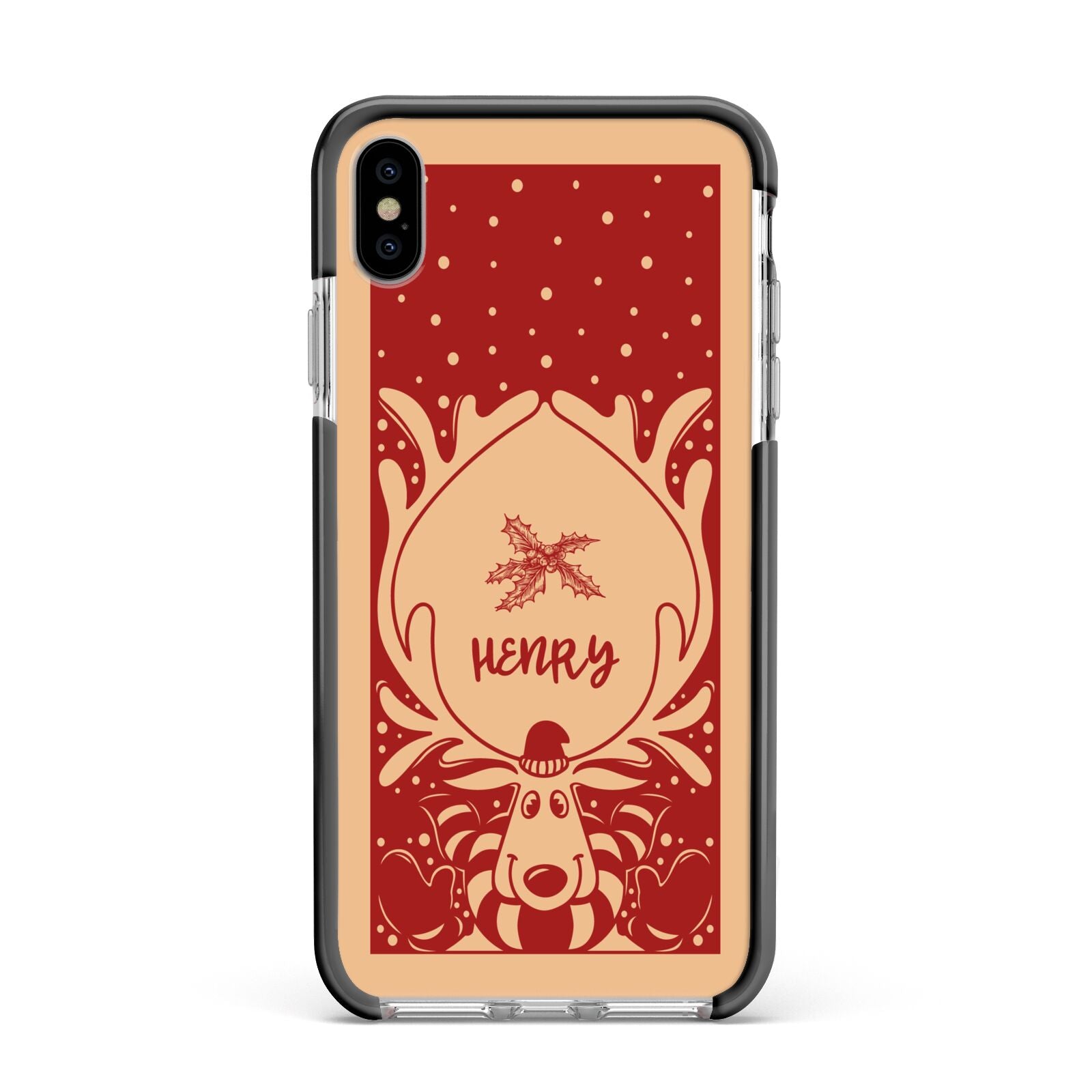 Red Personalised Rudolph Apple iPhone Xs Max Impact Case Black Edge on Silver Phone