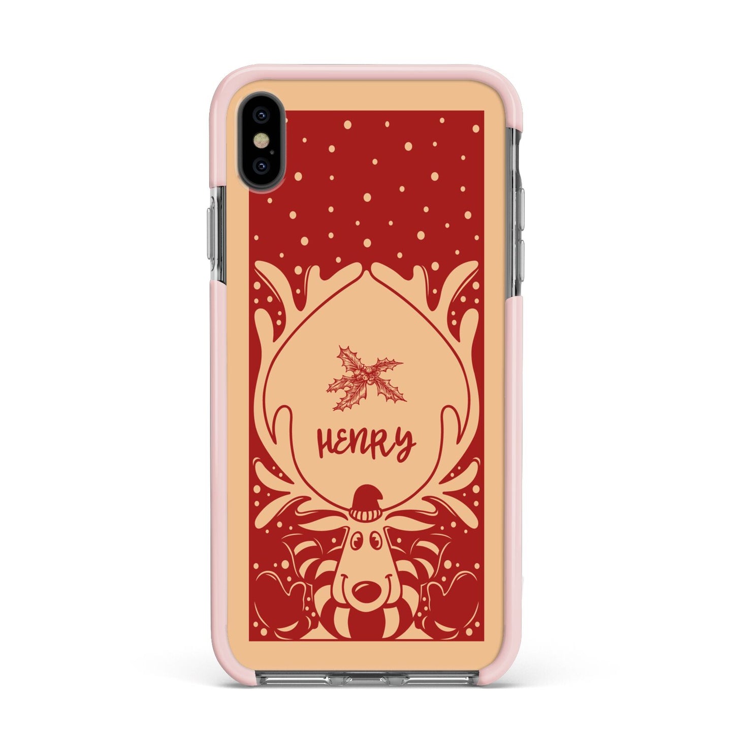 Red Personalised Rudolph Apple iPhone Xs Max Impact Case Pink Edge on Black Phone