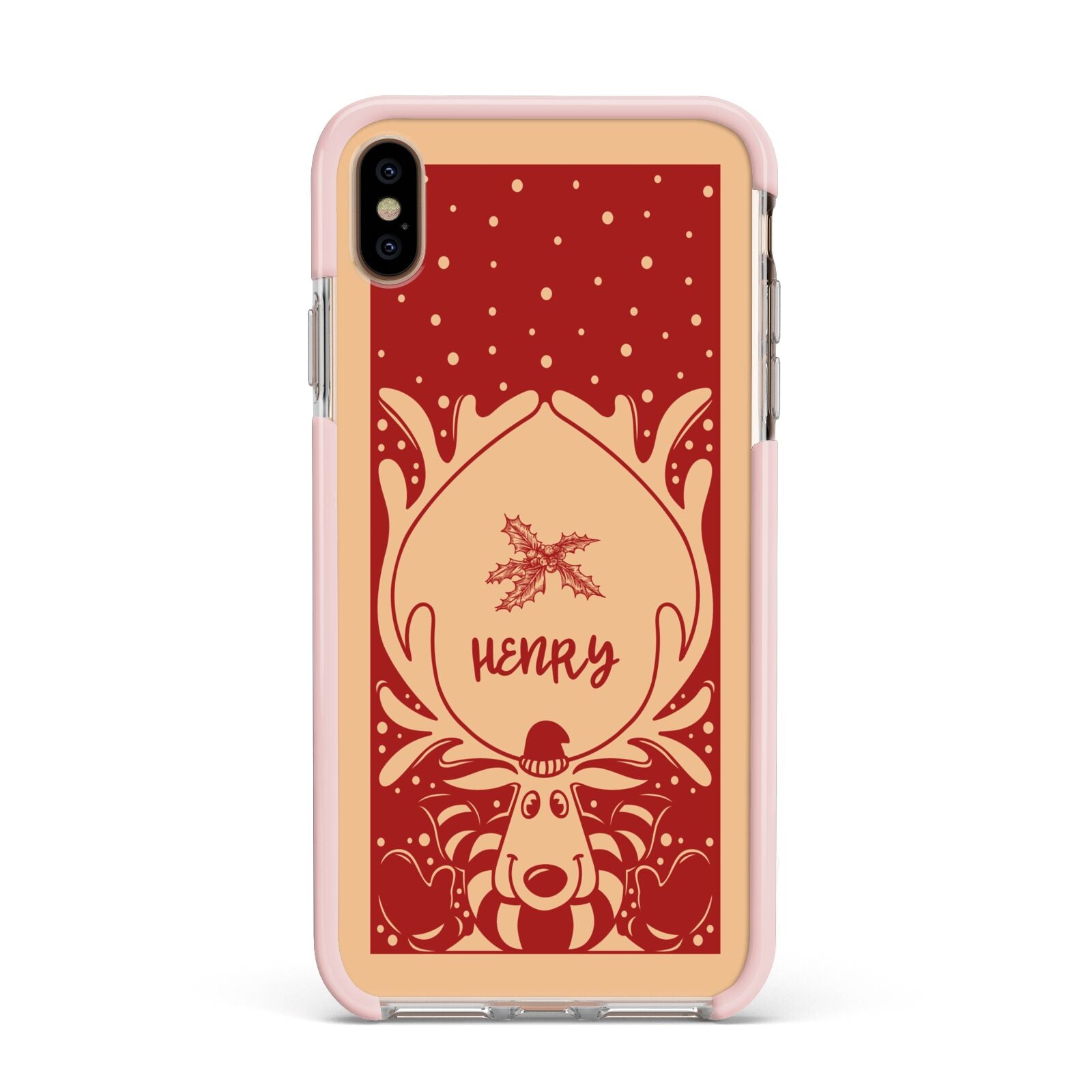 Red Personalised Rudolph Apple iPhone Xs Max Impact Case Pink Edge on Gold Phone