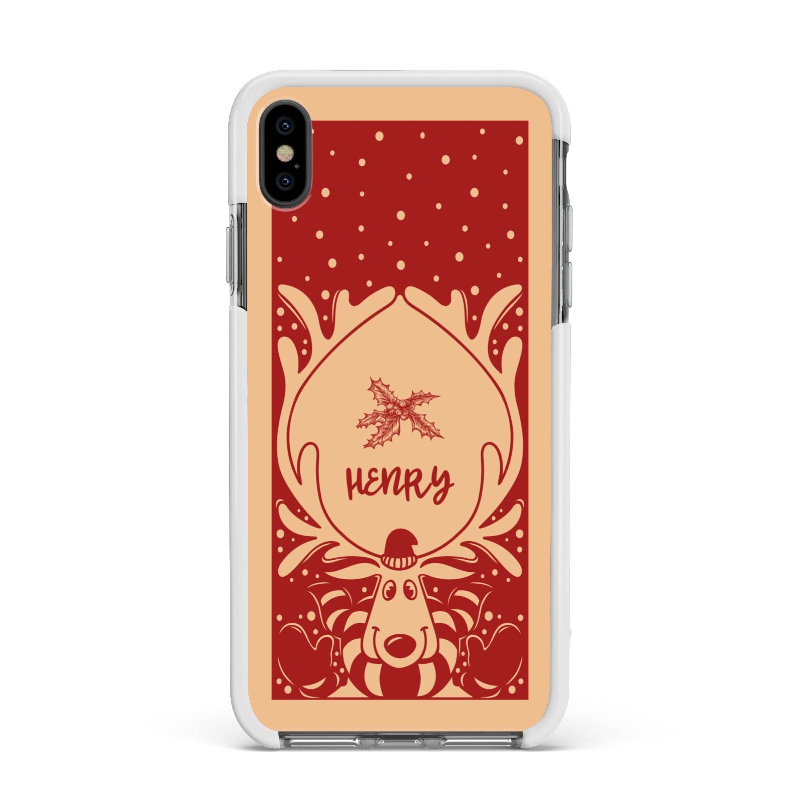 Red Personalised Rudolph Apple iPhone Xs Max Impact Case White Edge on Black Phone