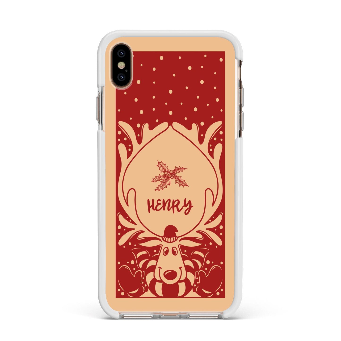 Red Personalised Rudolph Apple iPhone Xs Max Impact Case White Edge on Gold Phone