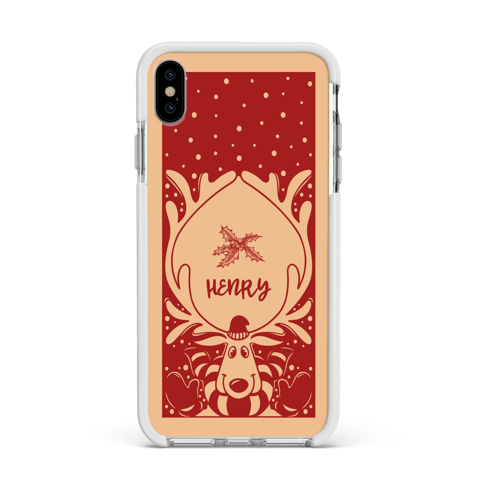 Red Personalised Rudolph Apple iPhone Xs Max Impact Case White Edge on Silver Phone