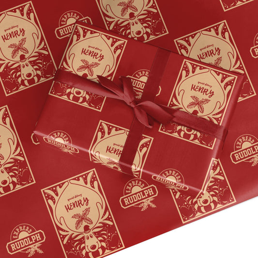 Red Personalised Rudolph Custom Wrapping Paper