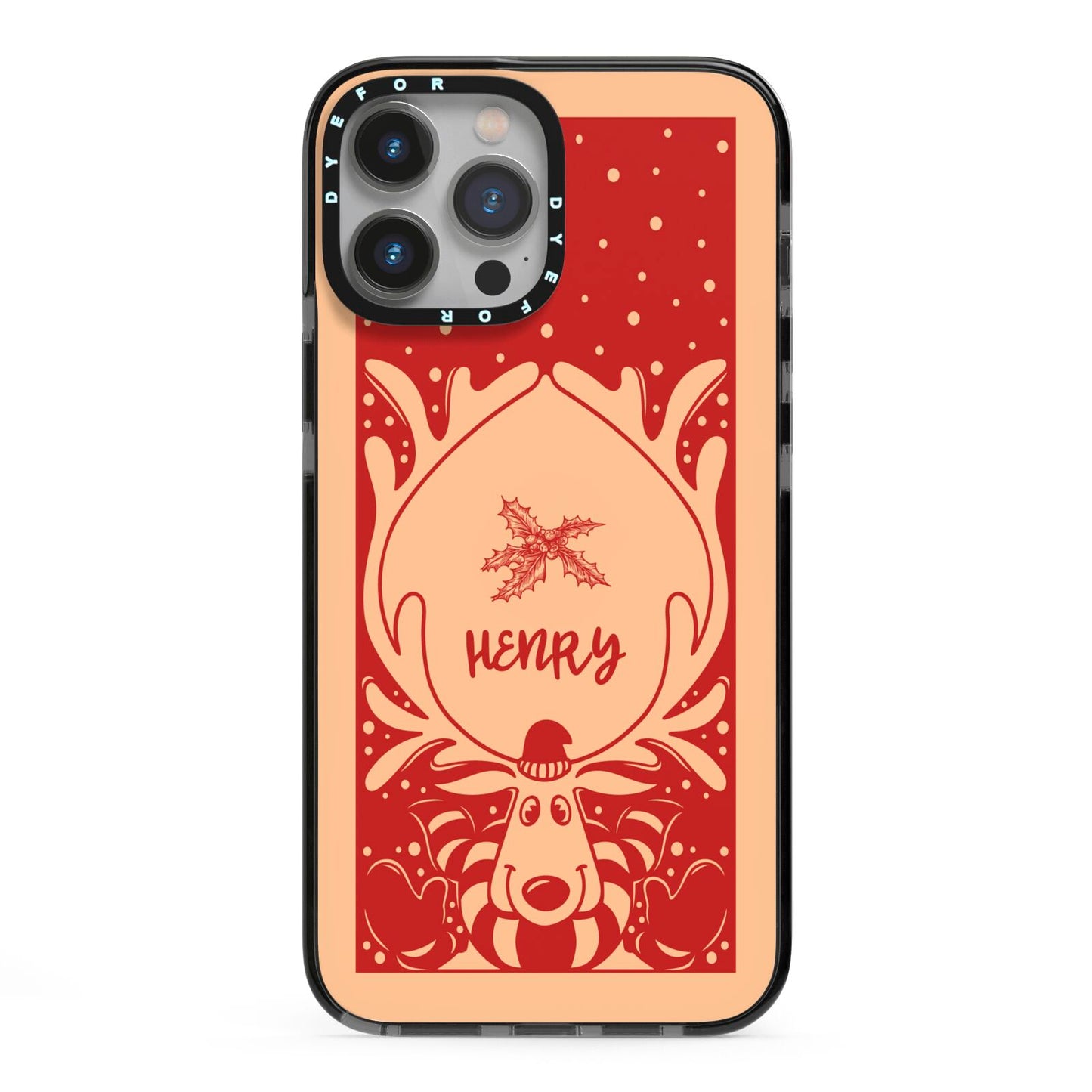 Red Personalised Rudolph iPhone 13 Pro Max Black Impact Case on Silver phone