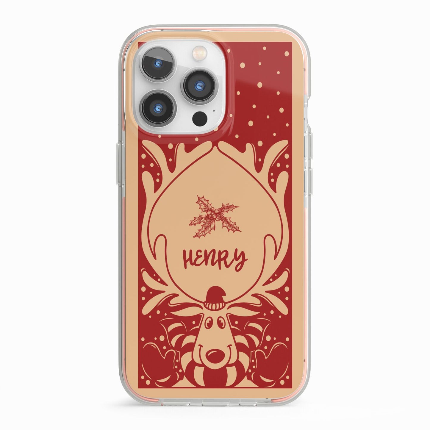 Red Personalised Rudolph iPhone 13 Pro TPU Impact Case with Pink Edges