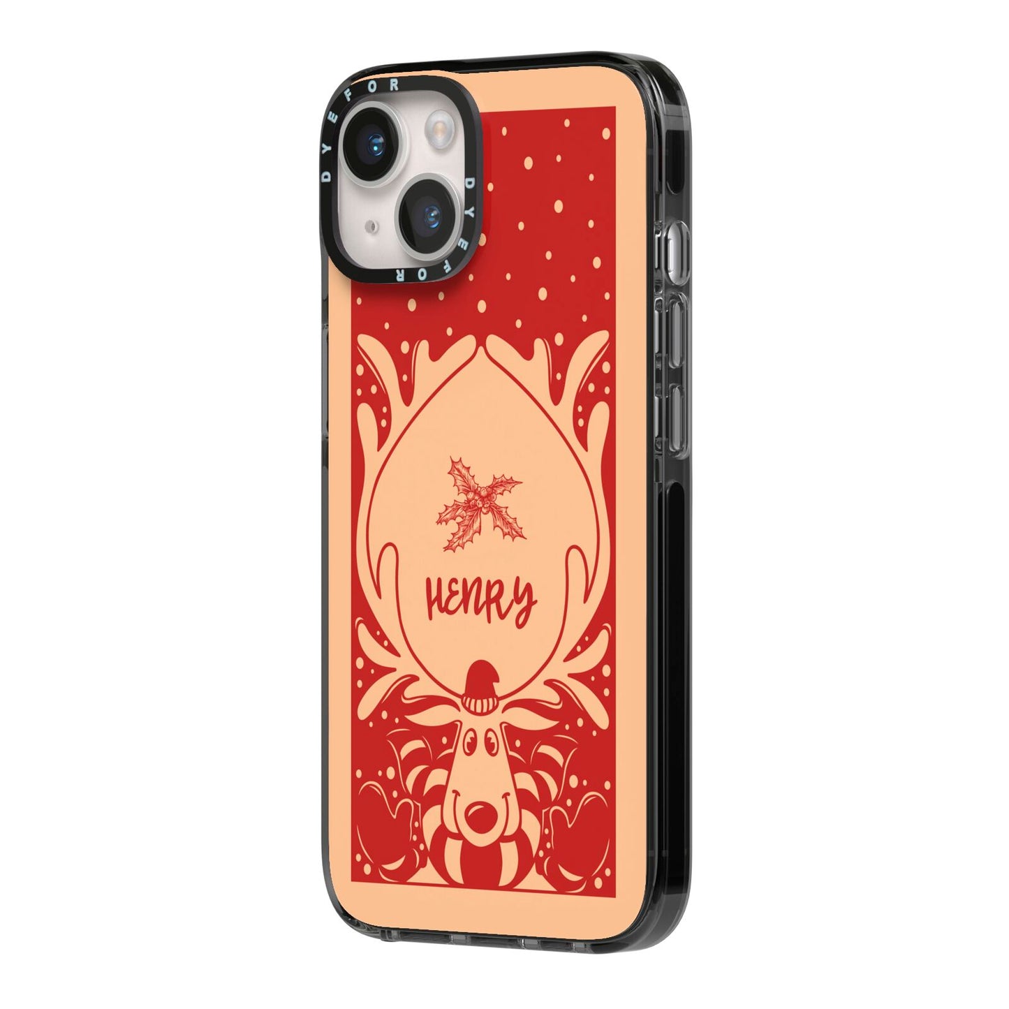 Red Personalised Rudolph iPhone 14 Black Impact Case Side Angle on Silver phone