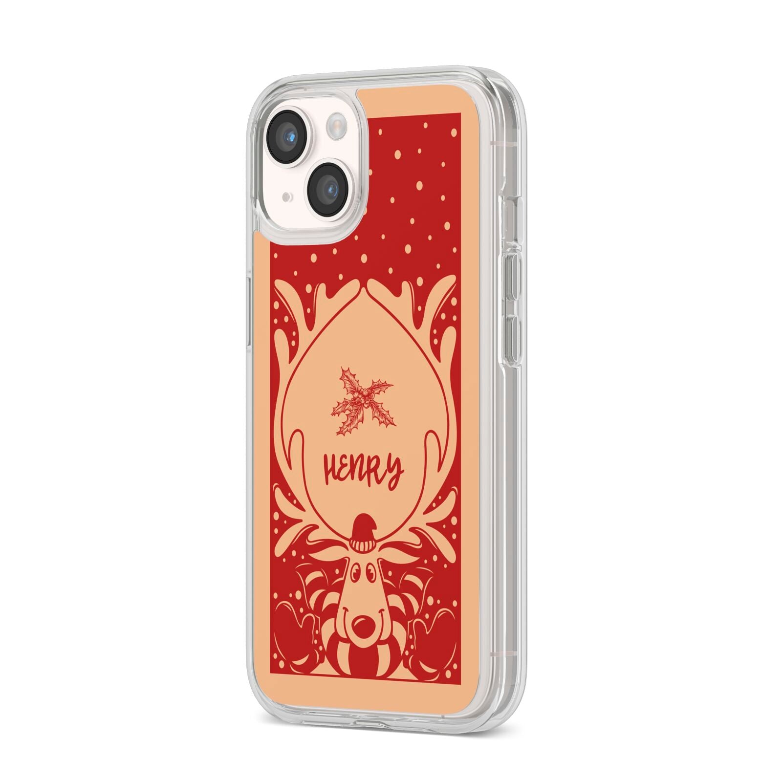 Red Personalised Rudolph iPhone 14 Clear Tough Case Starlight Angled Image