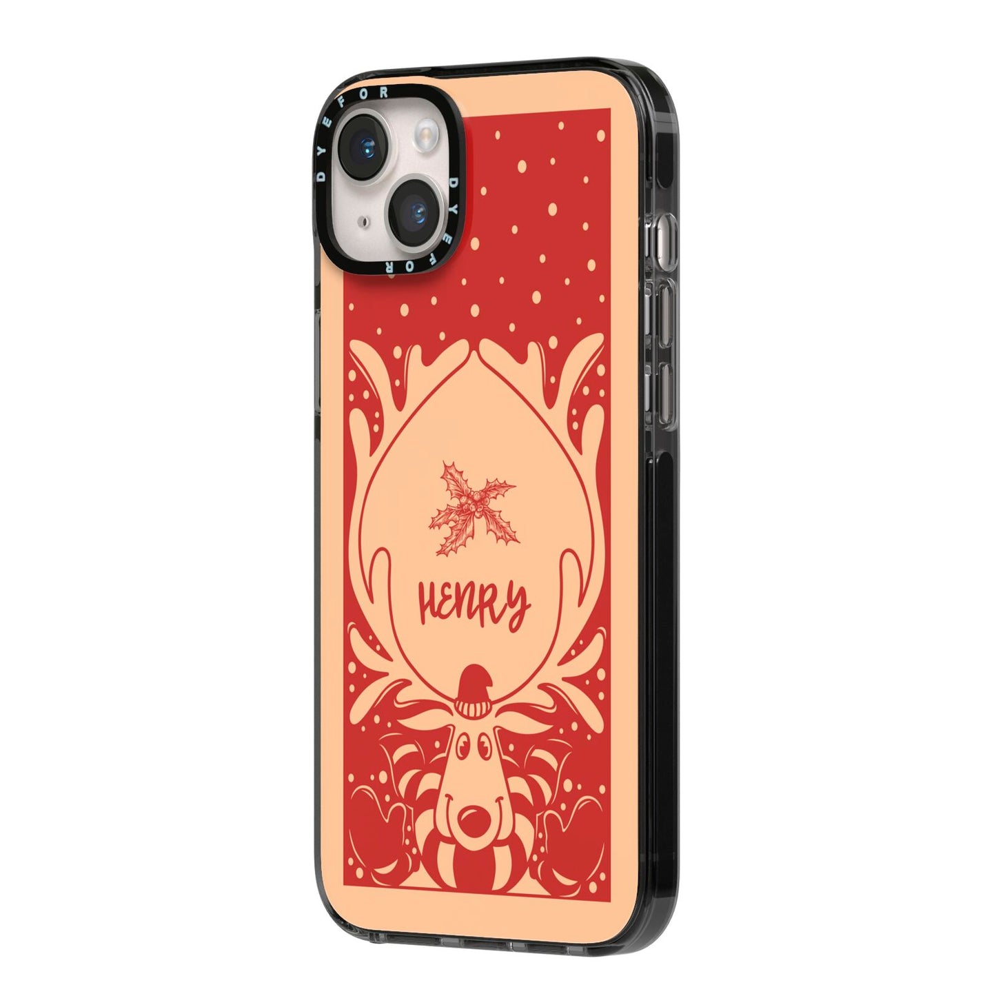 Red Personalised Rudolph iPhone 14 Plus Black Impact Case Side Angle on Silver phone